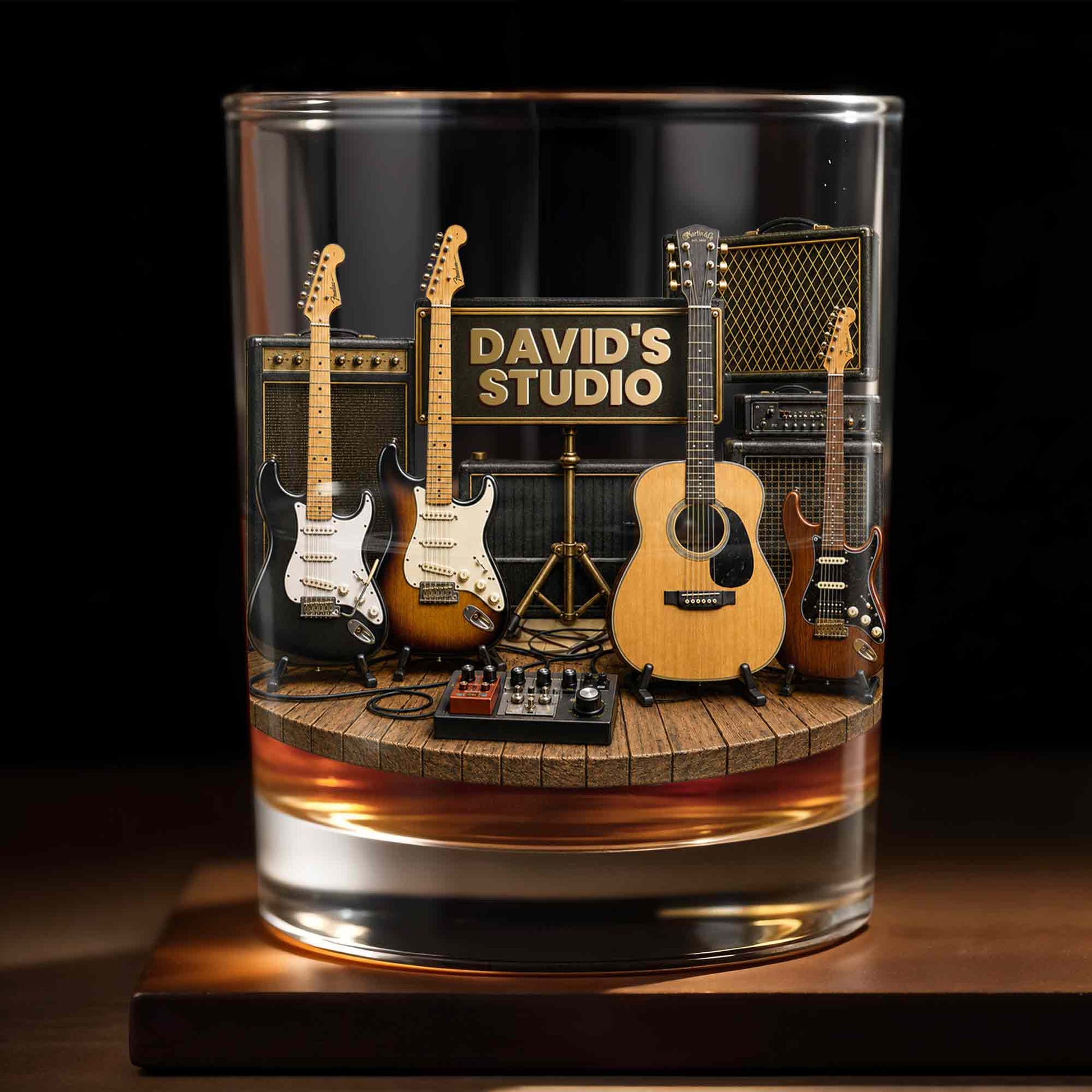 Studio With Guitars And Amplifiers Custom 3D Effect Design - Personalized Custom Whiskey Glass - MUSIC152_RWG