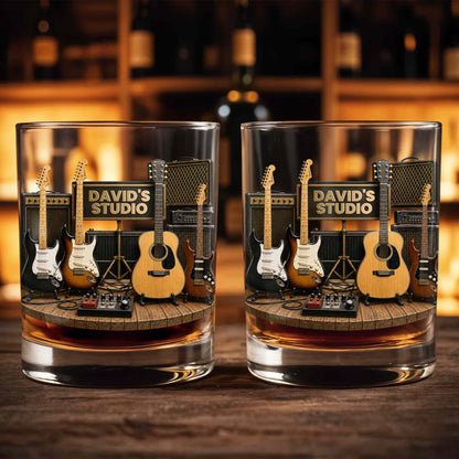 Studio With Guitars And Amplifiers Custom 3D Effect Design - Personalized Custom Whiskey Glass - MUSIC152_RWG