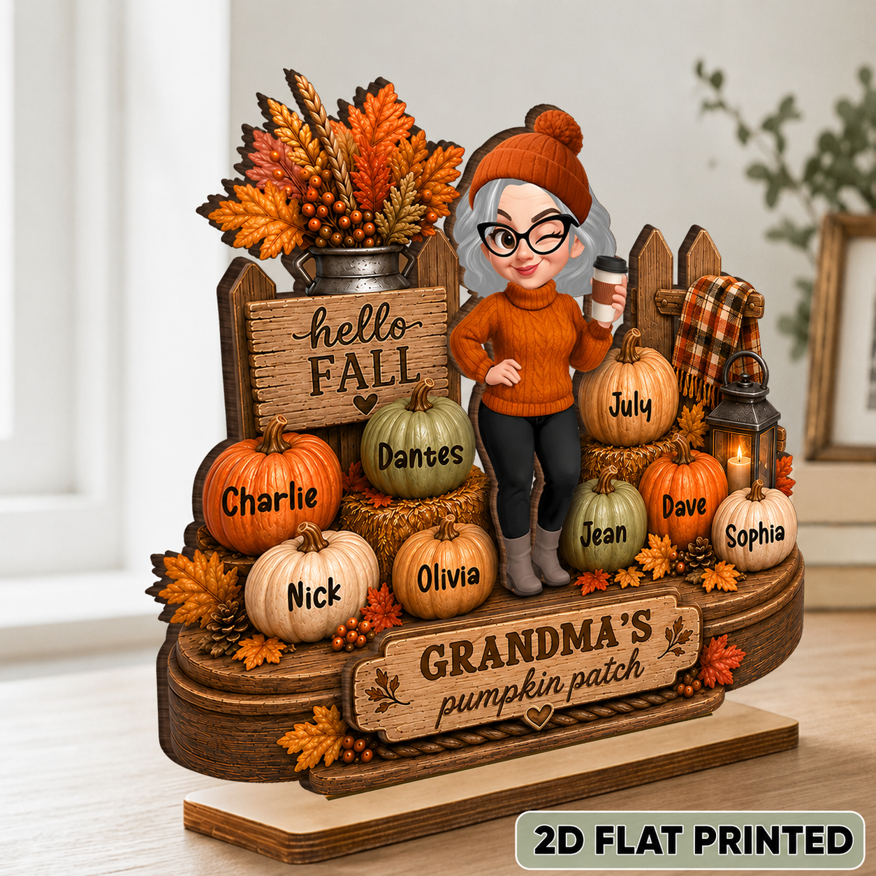 Hello Fall Grandma's Pumpkin Patch - Personalized 2-Layered Wooden Plaque - Cozy Fall Decor for Grandma