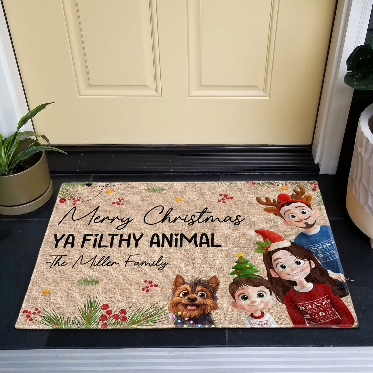 Merry Christmas Ya Filthy Animal doormat at the front door