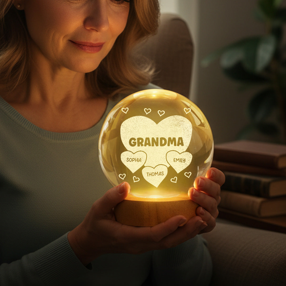 Grandma Mom Hearts Custom Kids Names - Personalized Crystal Ball LED Night Light