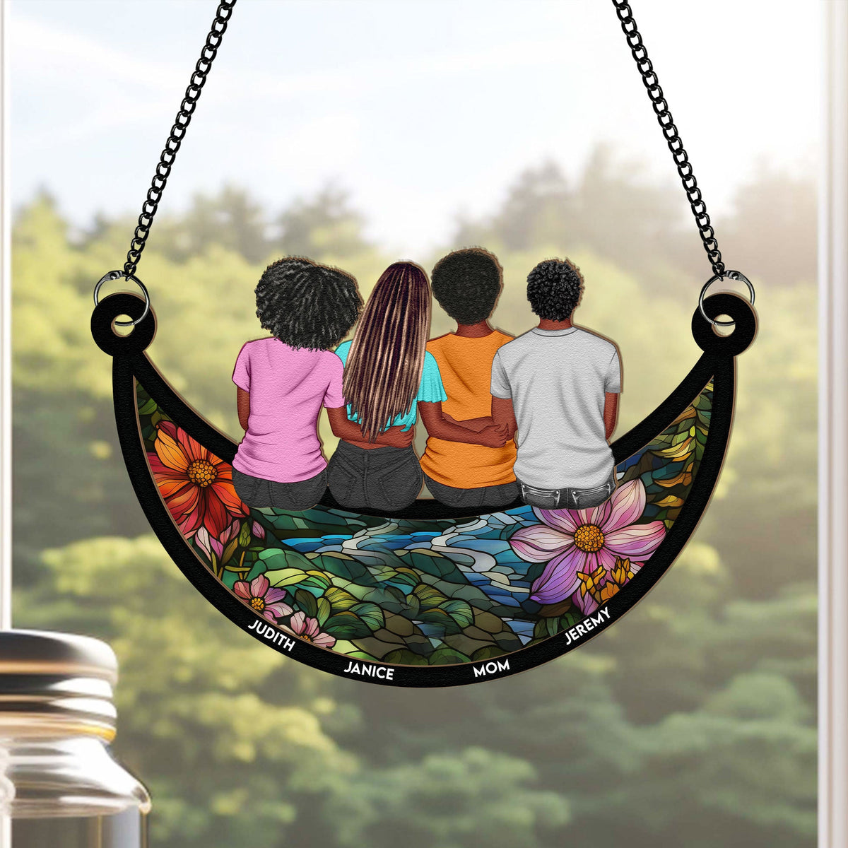 Mom, Children Sitting On The Moon - Personalized Window Hanging Suncatcher Ornament - Gift For Mom