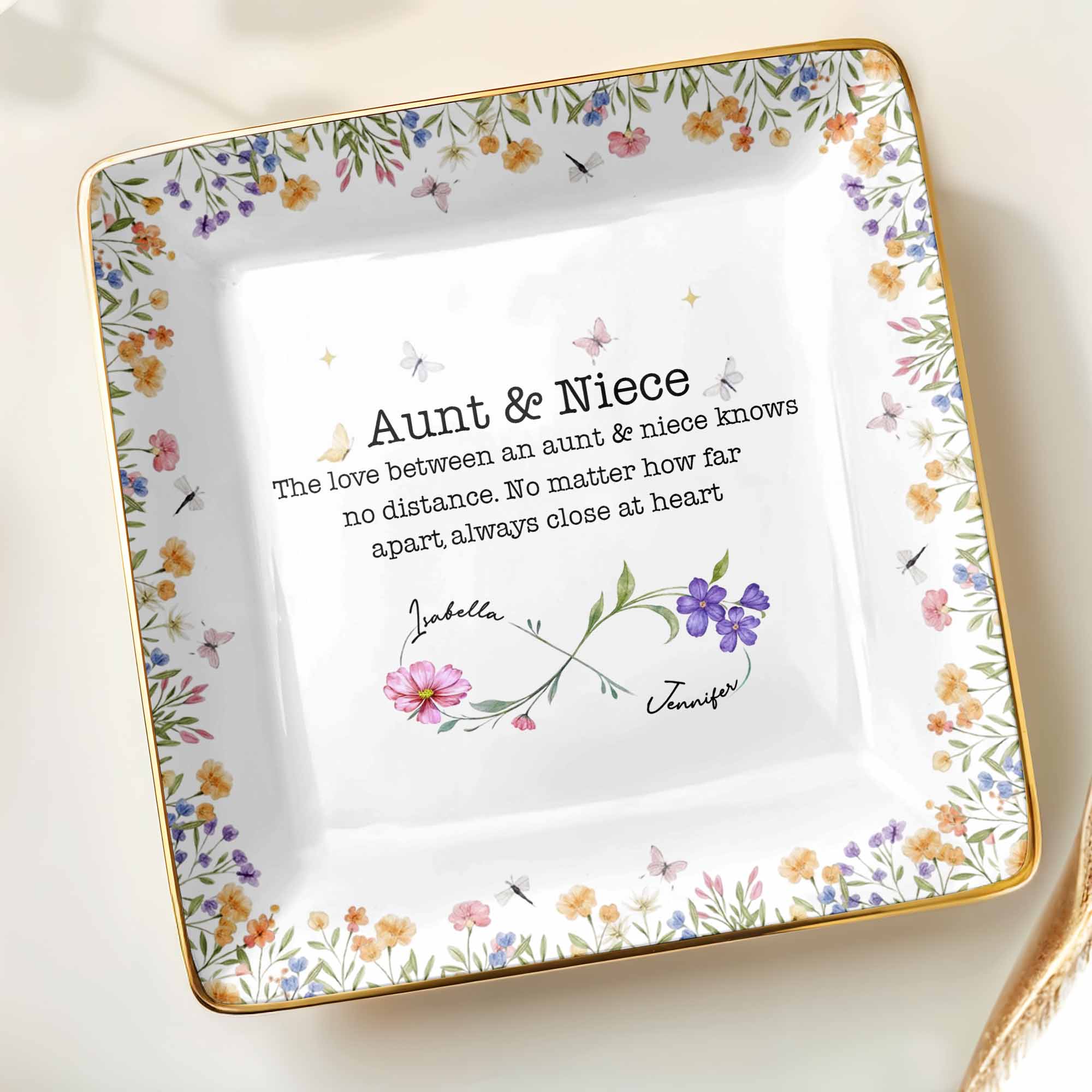 Love Between Aunt & Niece, Flowers And Butterflies - Personalized Custom Jewelry Dish, Ceramic Dish, Square Shape - NCE003_SCRF