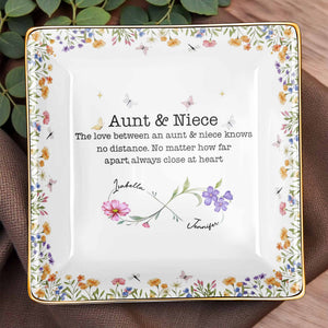 Love Between Aunt & Niece, Flowers And Butterflies - Personalized Custom Jewelry Dish, Ceramic Dish, Square Shape - NCE003_SCRF