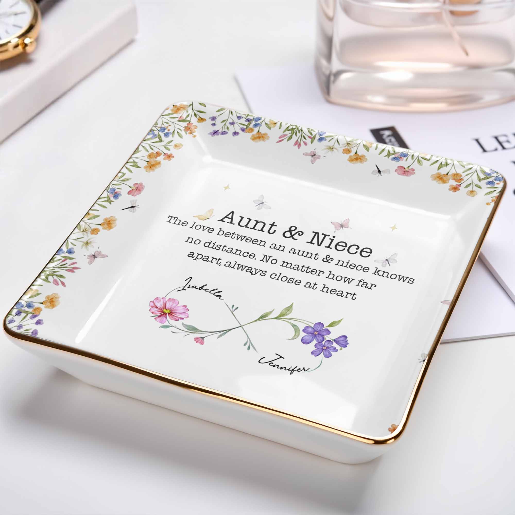 Love Between Aunt & Niece, Flowers And Butterflies - Personalized Custom Jewelry Dish, Ceramic Dish, Square Shape - NCE003_SCRF