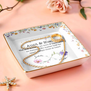 Love Between Aunt & Niece, Flowers And Butterflies - Personalized Custom Jewelry Dish, Ceramic Dish, Square Shape - NCE003_SCRF