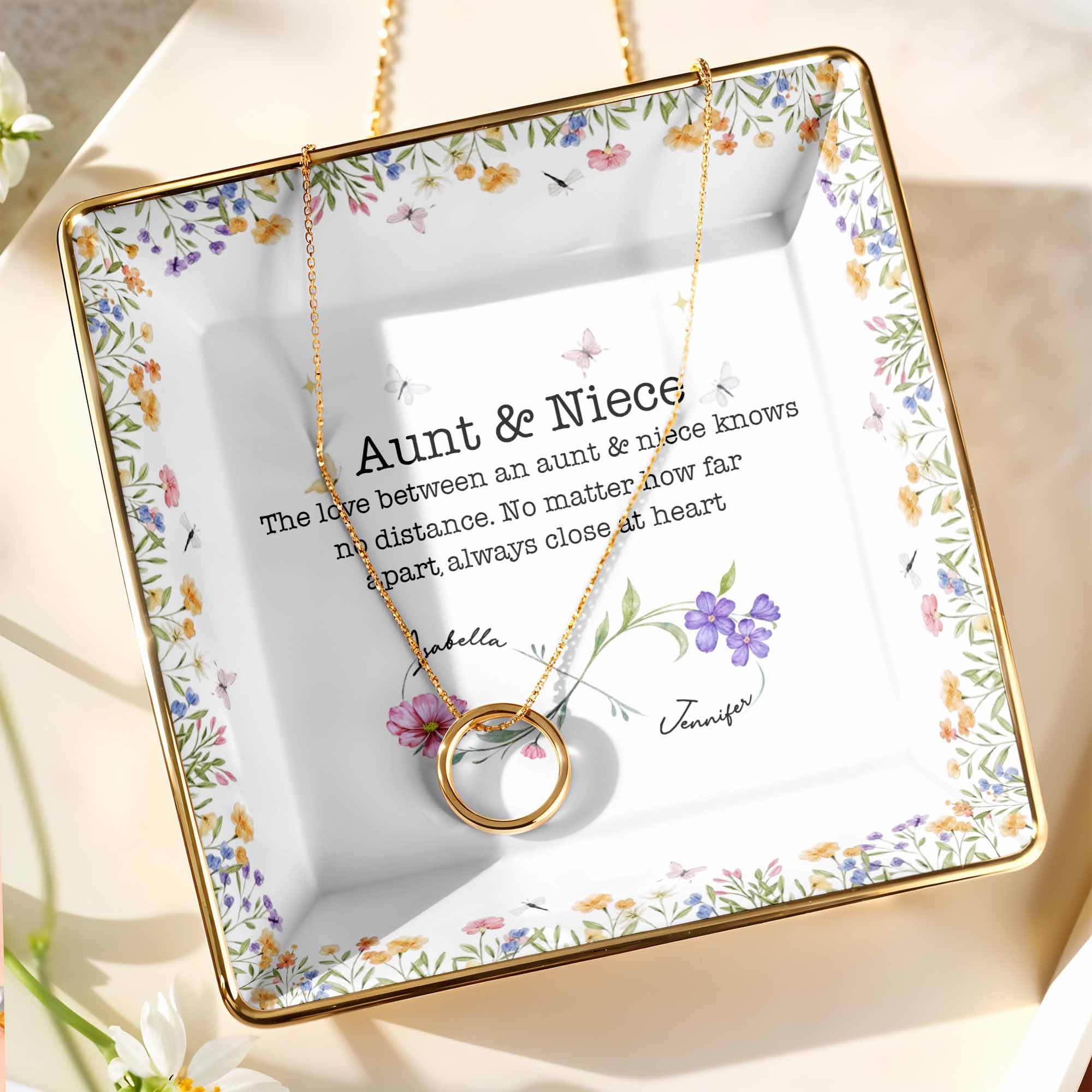 Love Between Aunt & Niece, Flowers And Butterflies - Personalized Custom Jewelry Dish, Ceramic Dish, Square Shape - NCE003_SCRF
