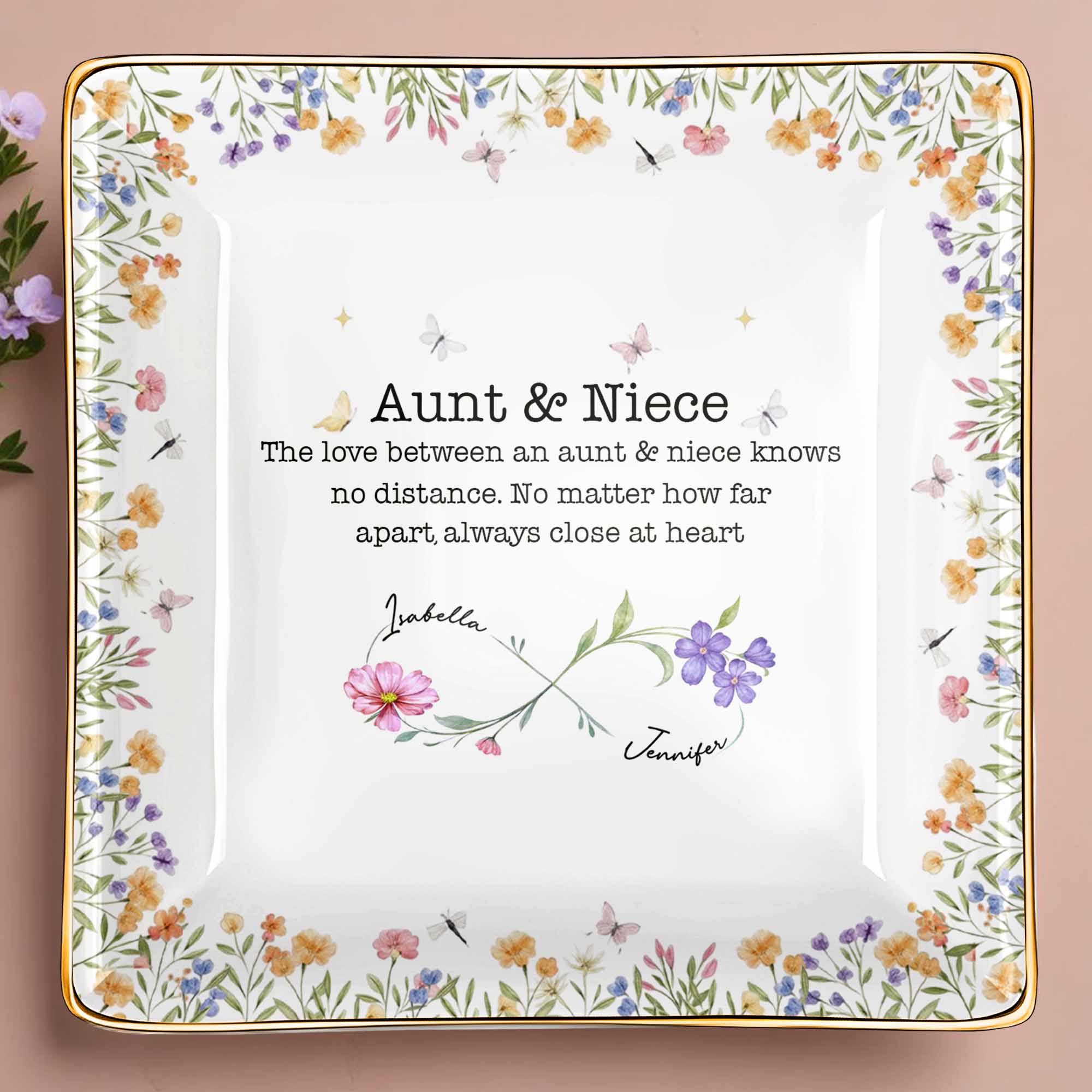 Love Between Aunt & Niece, Flowers And Butterflies - Personalized Custom Jewelry Dish, Ceramic Dish, Square Shape - NCE003_SCRF