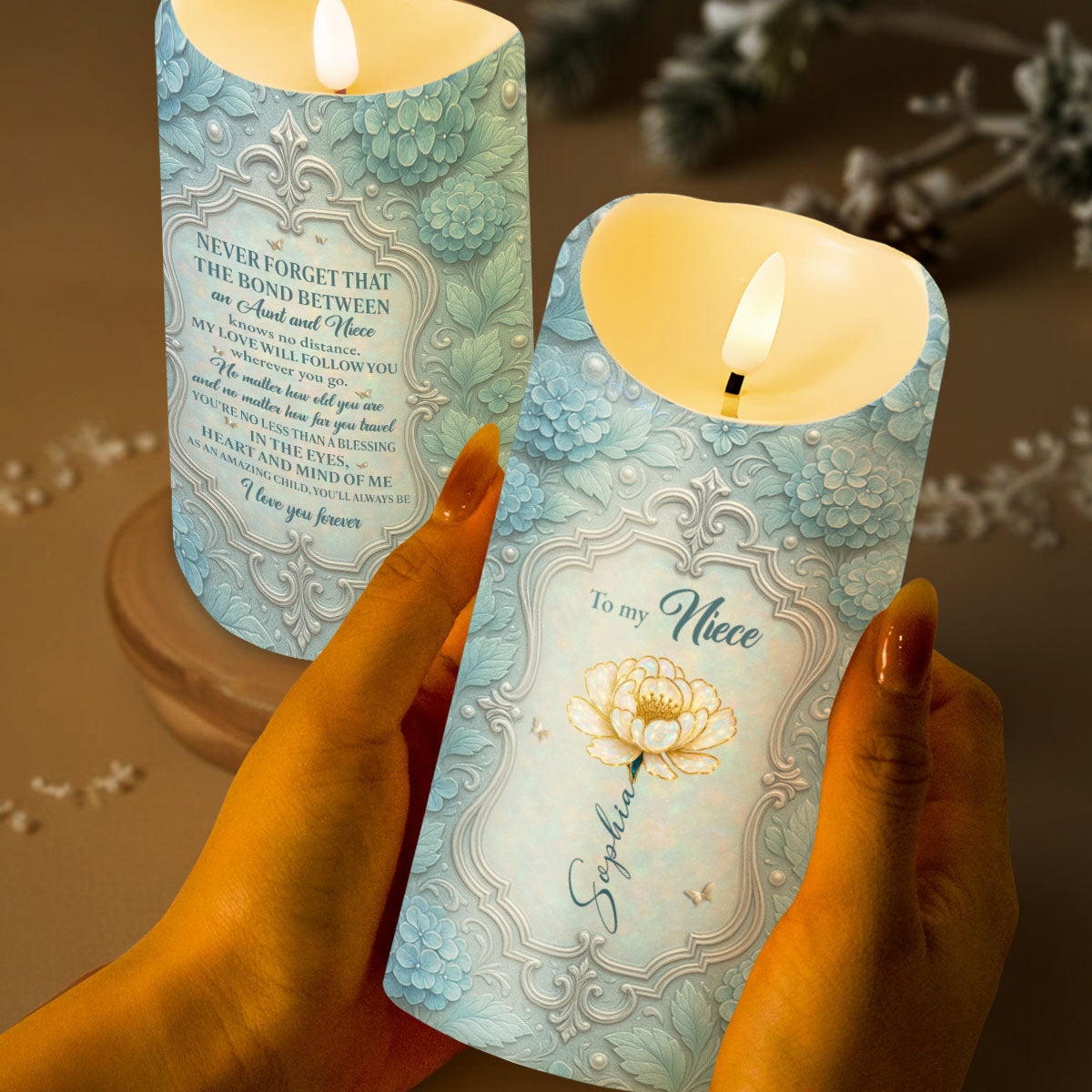 Bond Between Aunt And Niece, Beautiful Floral Design - Personalized Custom LED Candle - NCE006_LECA