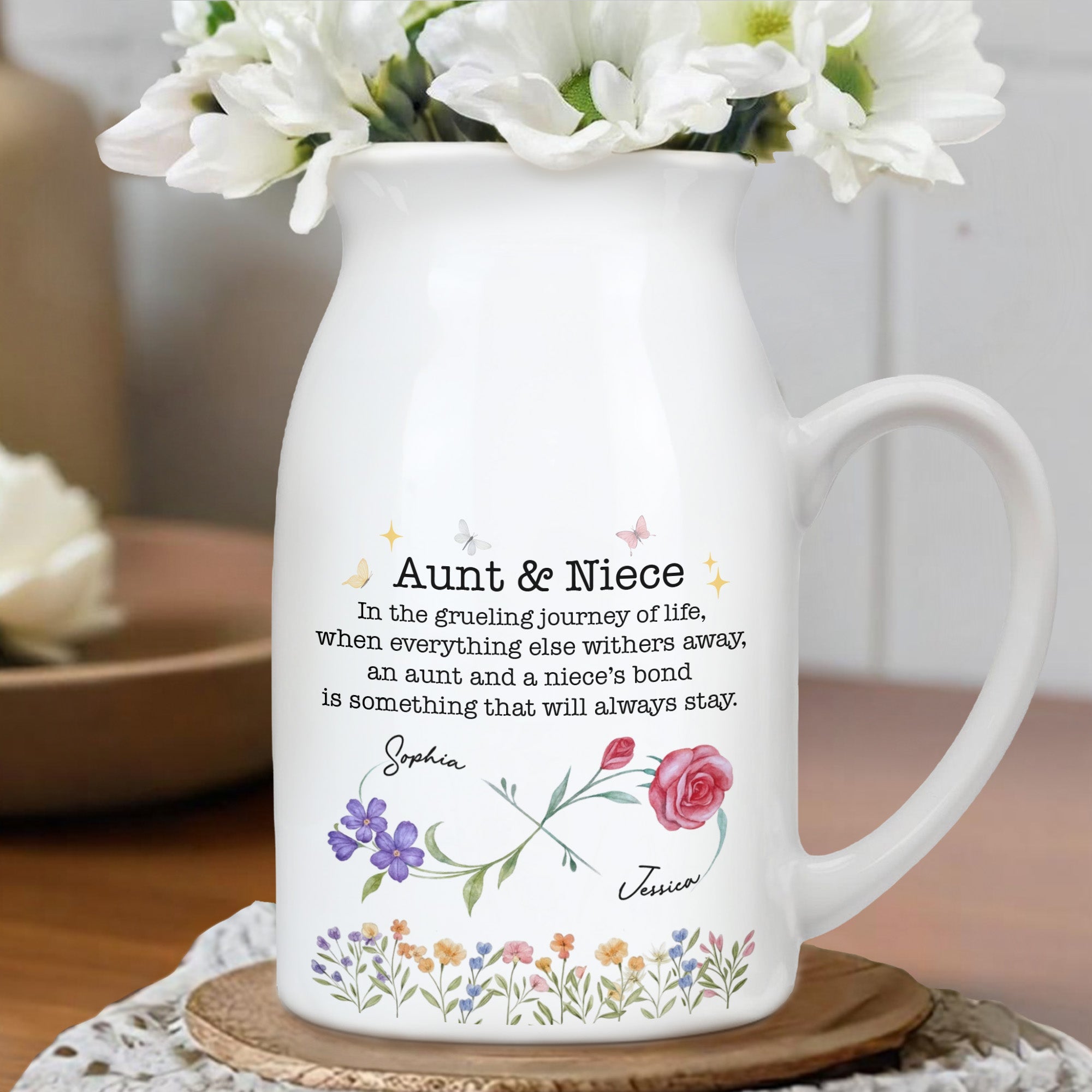 Aunt And Niece's Bond, Flowers and Butterfly - Personalized Ceramic Flower Vase