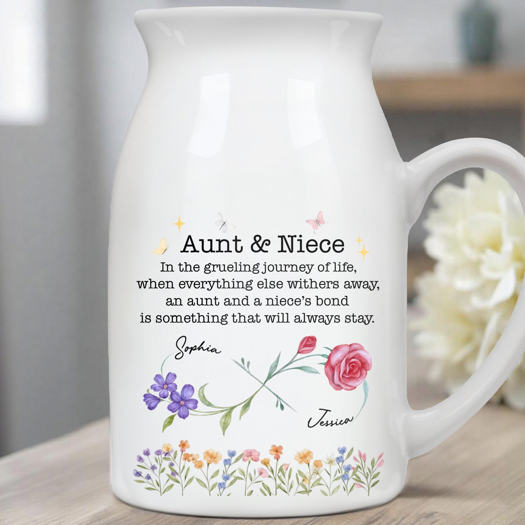 Aunt And Niece's Bond, Flowers and Butterfly - Personalized Ceramic Flower Vase