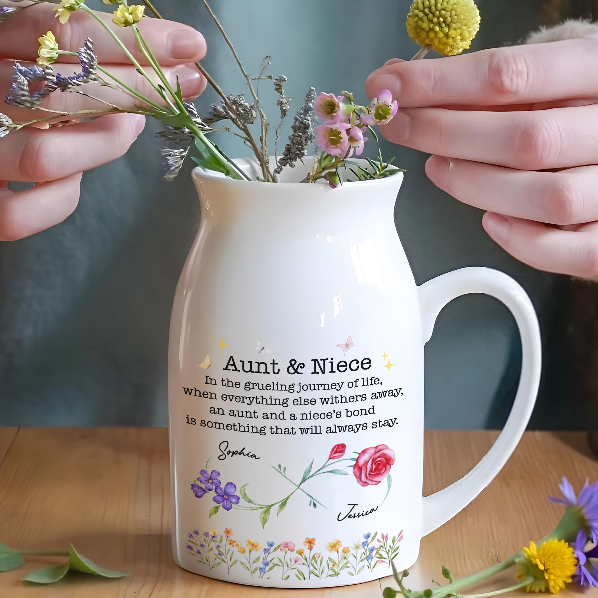Aunt And Niece's Bond, Flowers and Butterfly - Personalized Ceramic Flower Vase