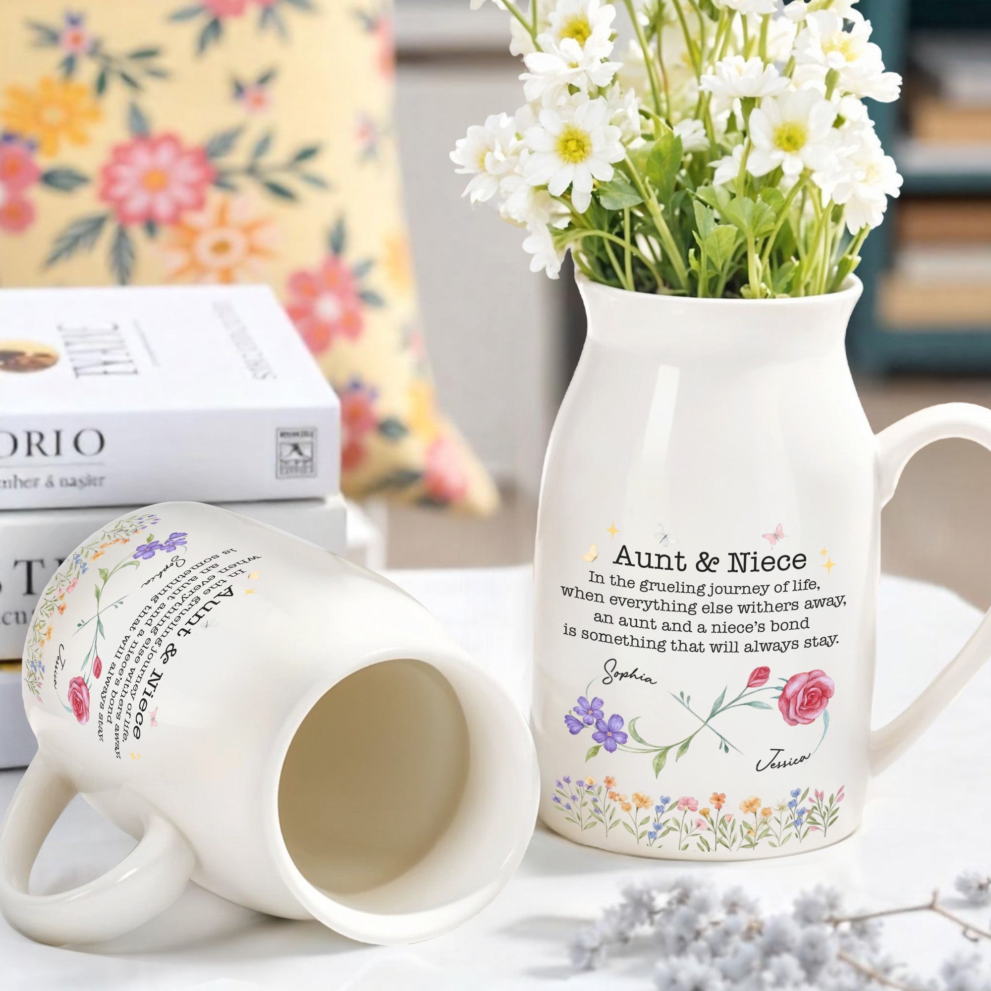 Aunt And Niece's Bond, Flowers and Butterfly - Personalized Ceramic Flower Vase
