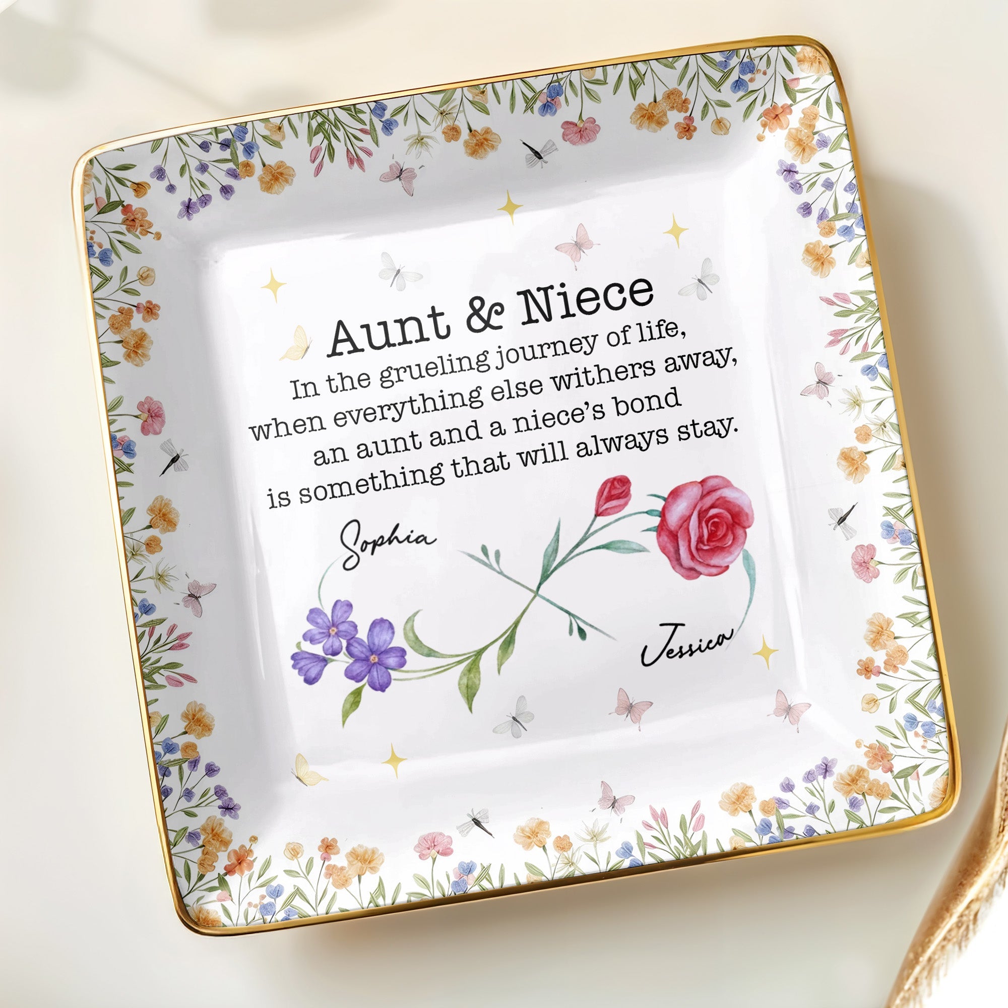 Aunt & Niece Bond, Decorated With Flowers And Butterflies - Personalized Custom Jewelry Dish, Ceramic Dish, Square Shape - NCE010_SCRF