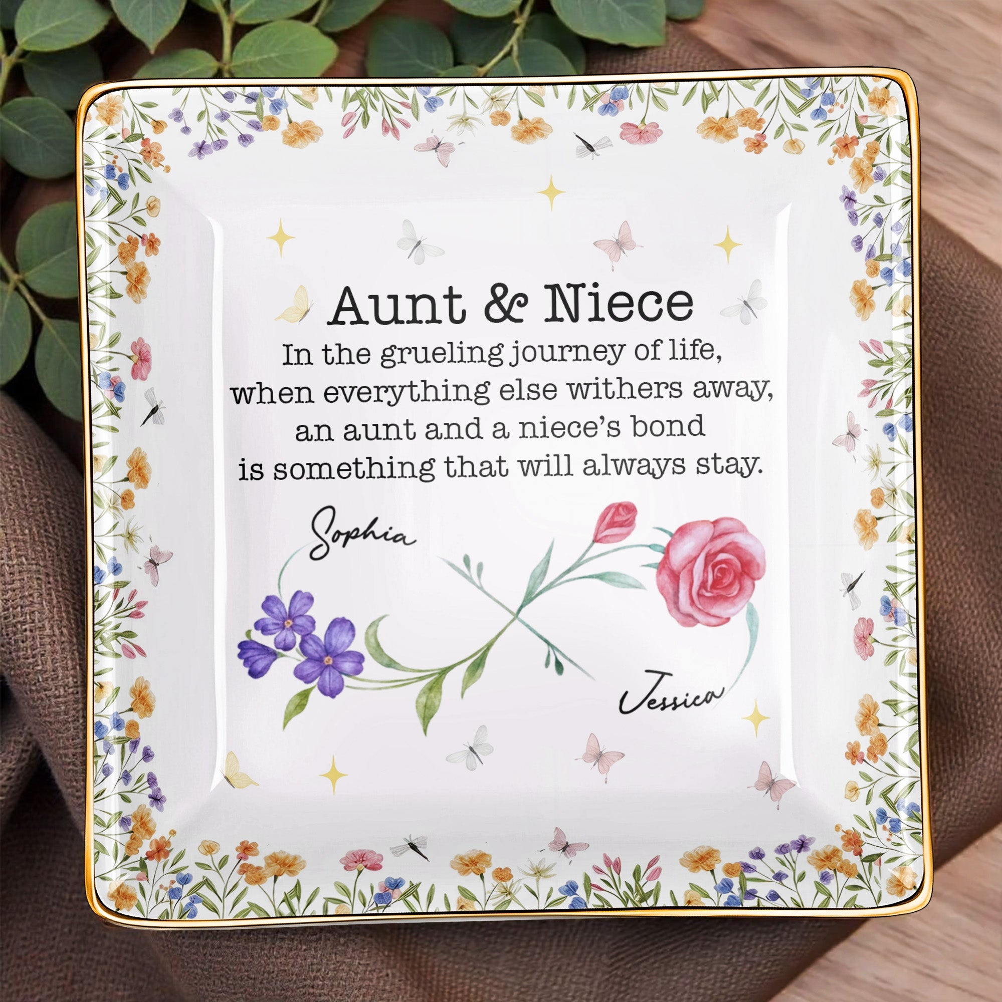 Aunt & Niece Bond, Decorated With Flowers And Butterflies - Personalized Custom Jewelry Dish, Ceramic Dish, Square Shape - NCE010_SCRF