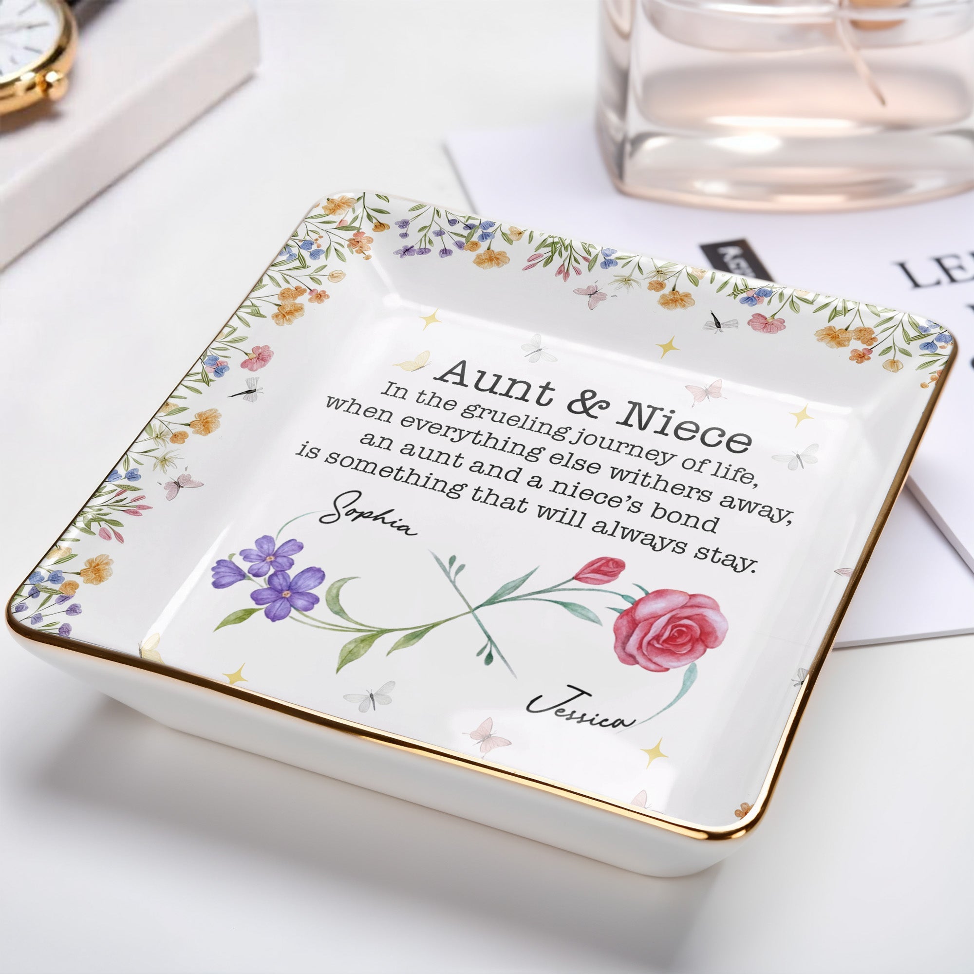 Aunt & Niece Bond, Decorated With Flowers And Butterflies - Personalized Custom Jewelry Dish, Ceramic Dish, Square Shape - NCE010_SCRF