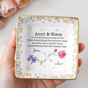 Aunt & Niece Bond, Decorated With Flowers And Butterflies - Personalized Custom Jewelry Dish, Ceramic Dish, Square Shape - NCE010_SCRF