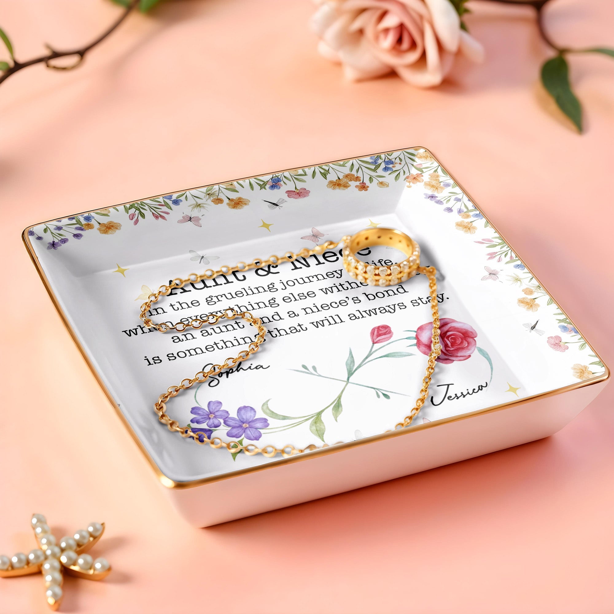 Aunt & Niece Bond, Decorated With Flowers And Butterflies - Personalized Custom Jewelry Dish, Ceramic Dish, Square Shape - NCE010_SCRF