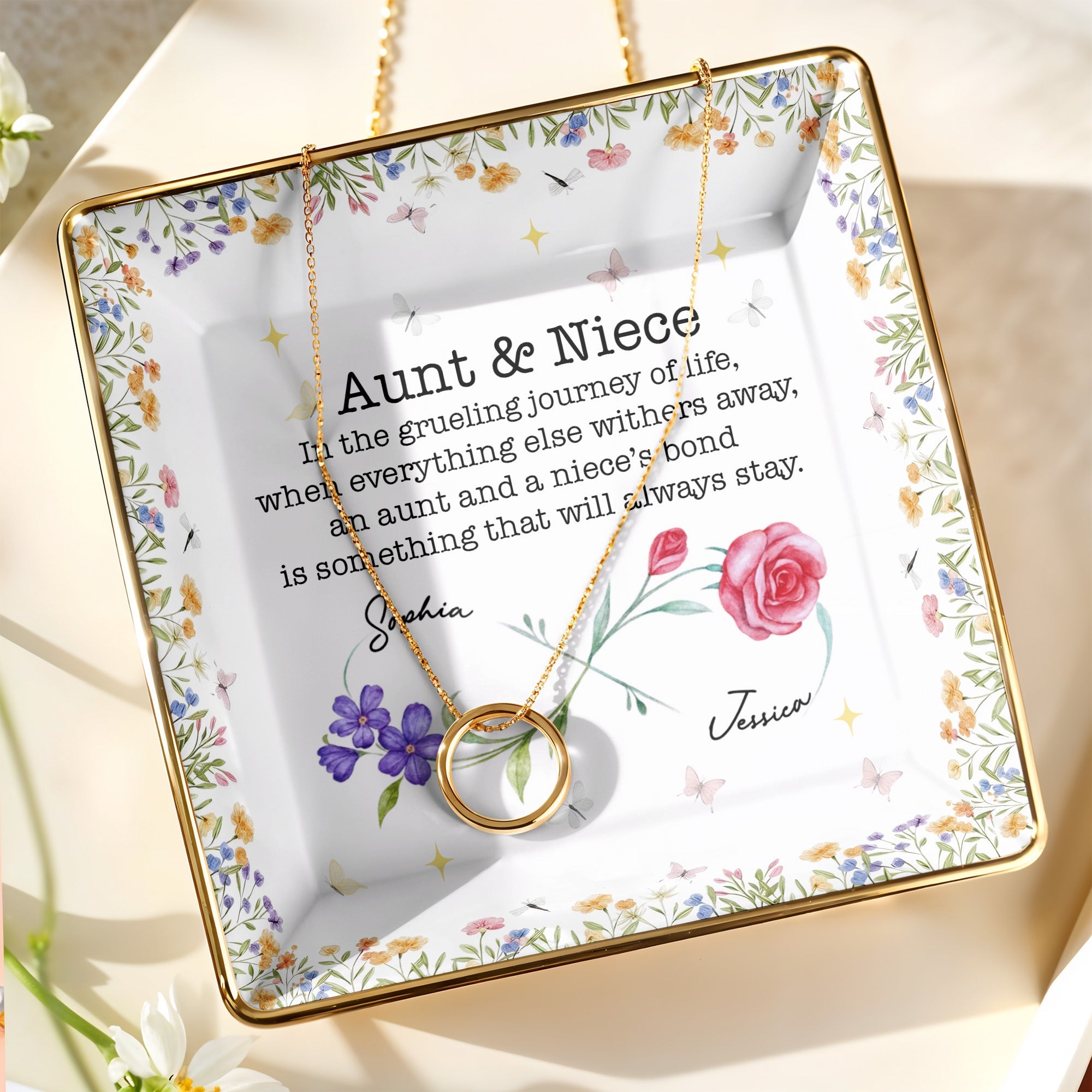 Aunt & Niece Bond, Decorated With Flowers And Butterflies - Personalized Custom Jewelry Dish, Ceramic Dish, Square Shape - NCE010_SCRF