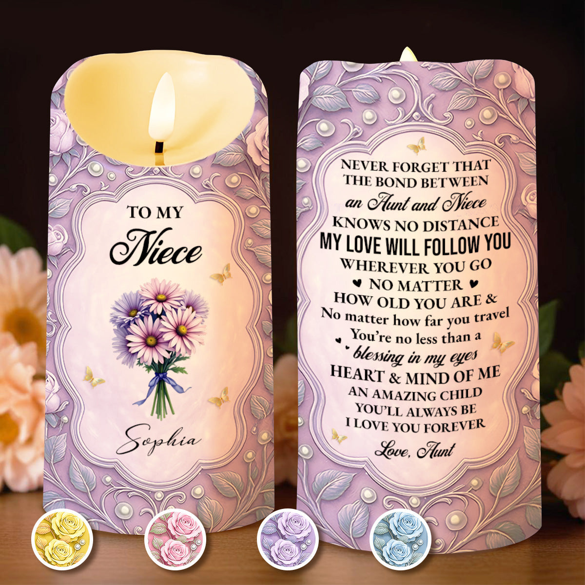 To My Niece, Beautiful Flowers and Butterflies - Personalized Custom LED Candle - NCE013_LECA