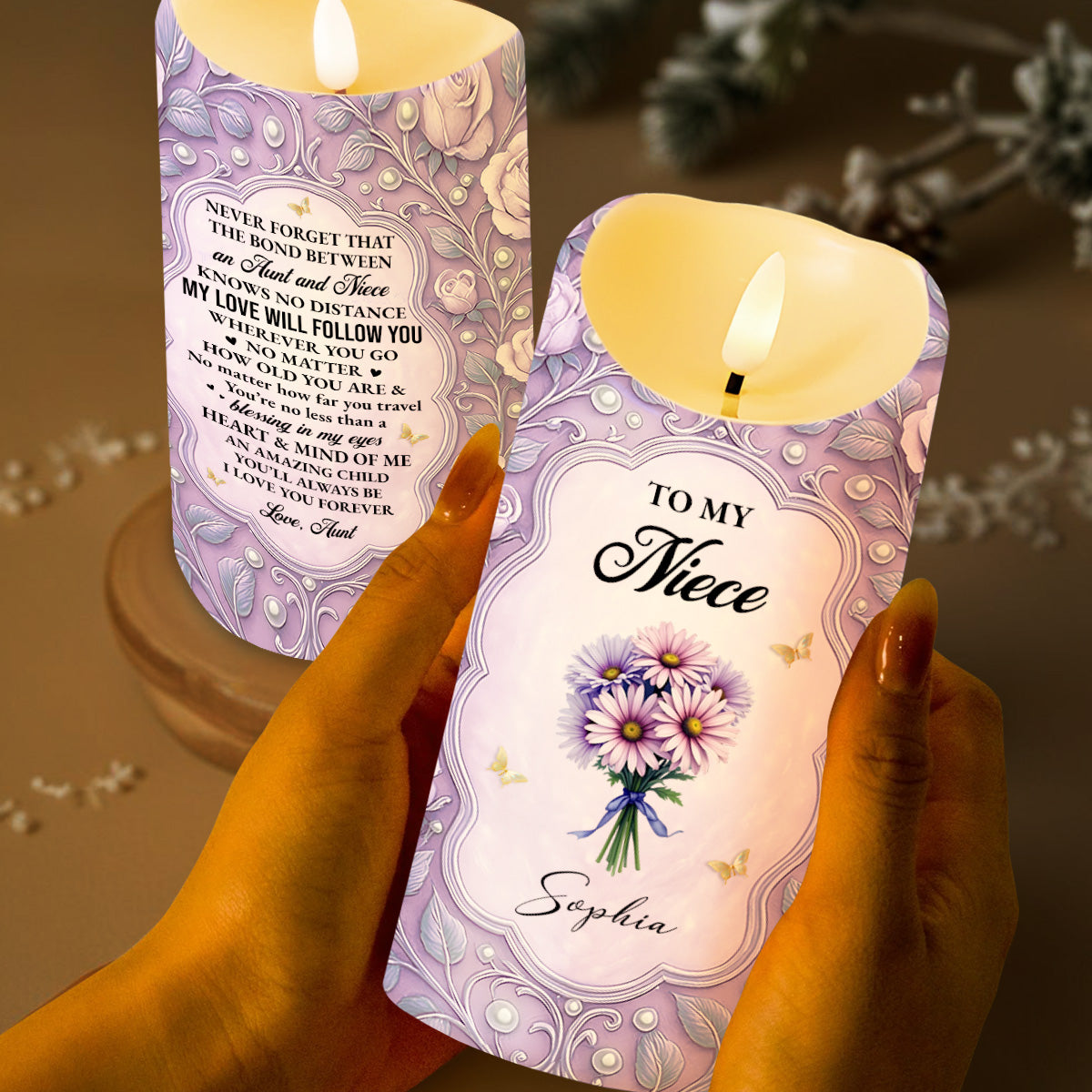 To My Niece, Beautiful Flowers and Butterflies - Personalized Custom LED Candle - NCE013_LECA