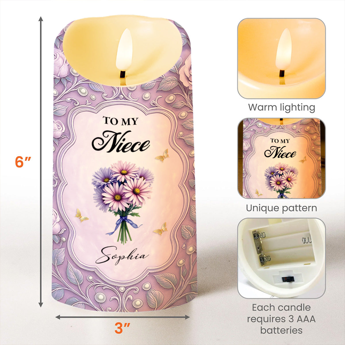 To My Niece, Beautiful Flowers and Butterflies - Personalized Custom LED Candle - NCE013_LECA