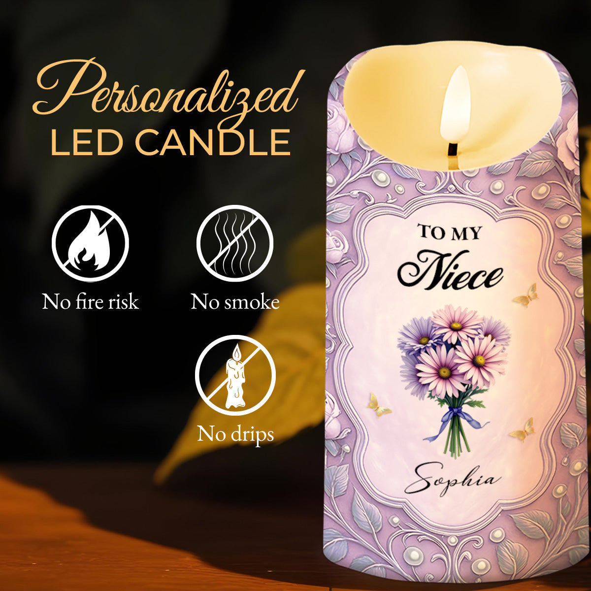 To My Niece, Beautiful Flowers and Butterflies - Personalized Custom LED Candle - NCE013_LECA