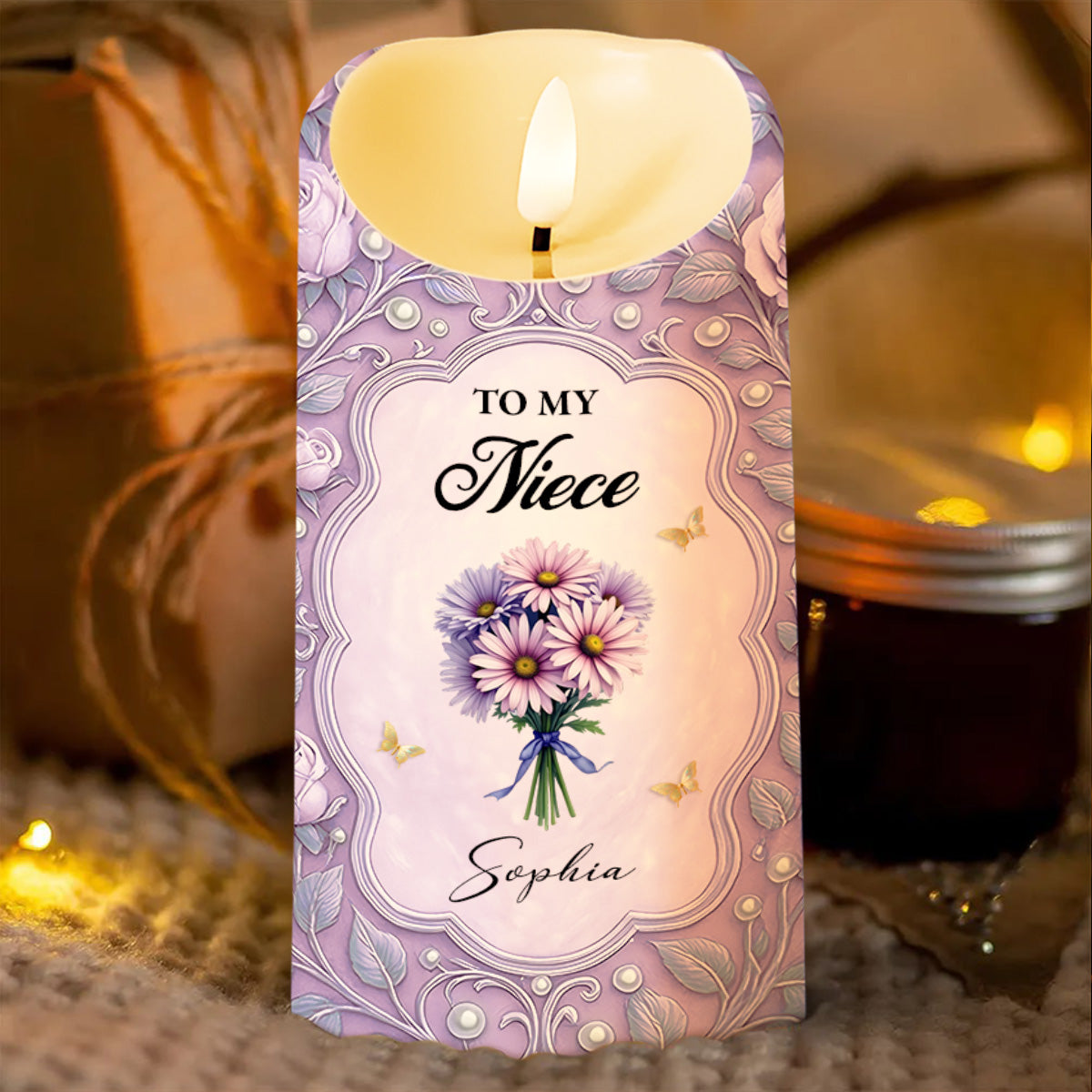 To My Niece, Beautiful Flowers and Butterflies - Personalized Custom LED Candle - NCE013_LECA