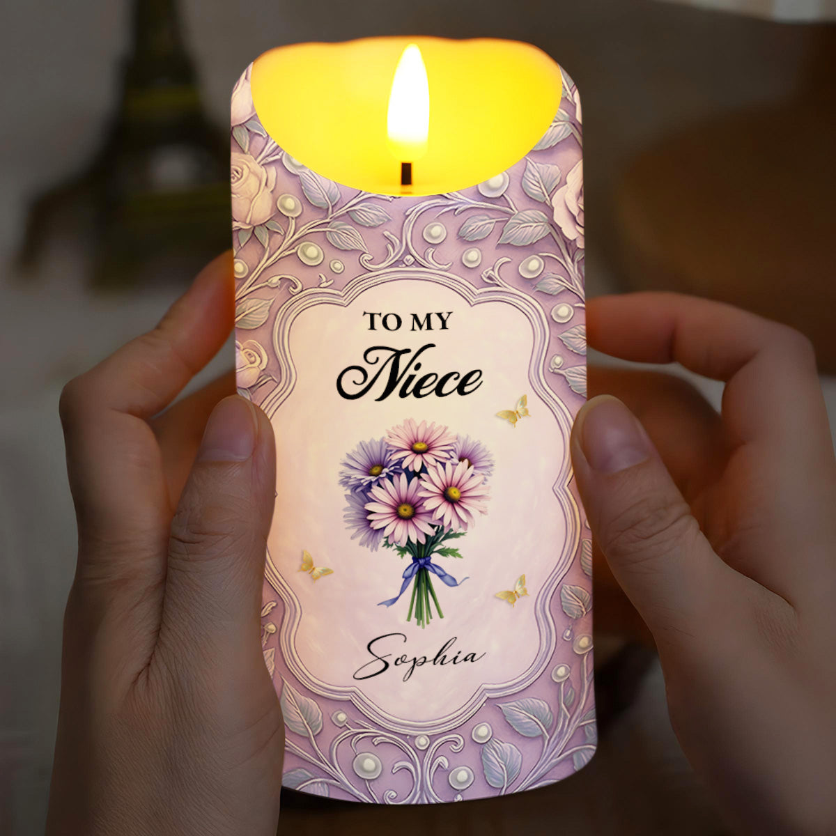 To My Niece, Beautiful Flowers and Butterflies - Personalized Custom LED Candle - NCE013_LECA