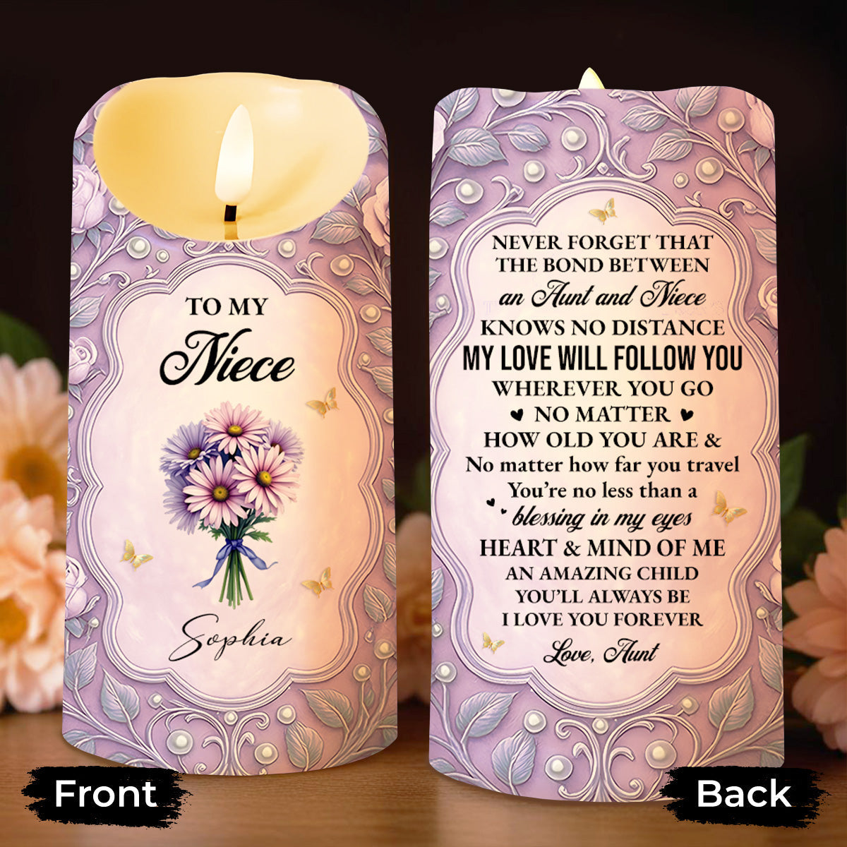 To My Niece, Beautiful Flowers and Butterflies - Personalized Custom LED Candle - NCE013_LECA