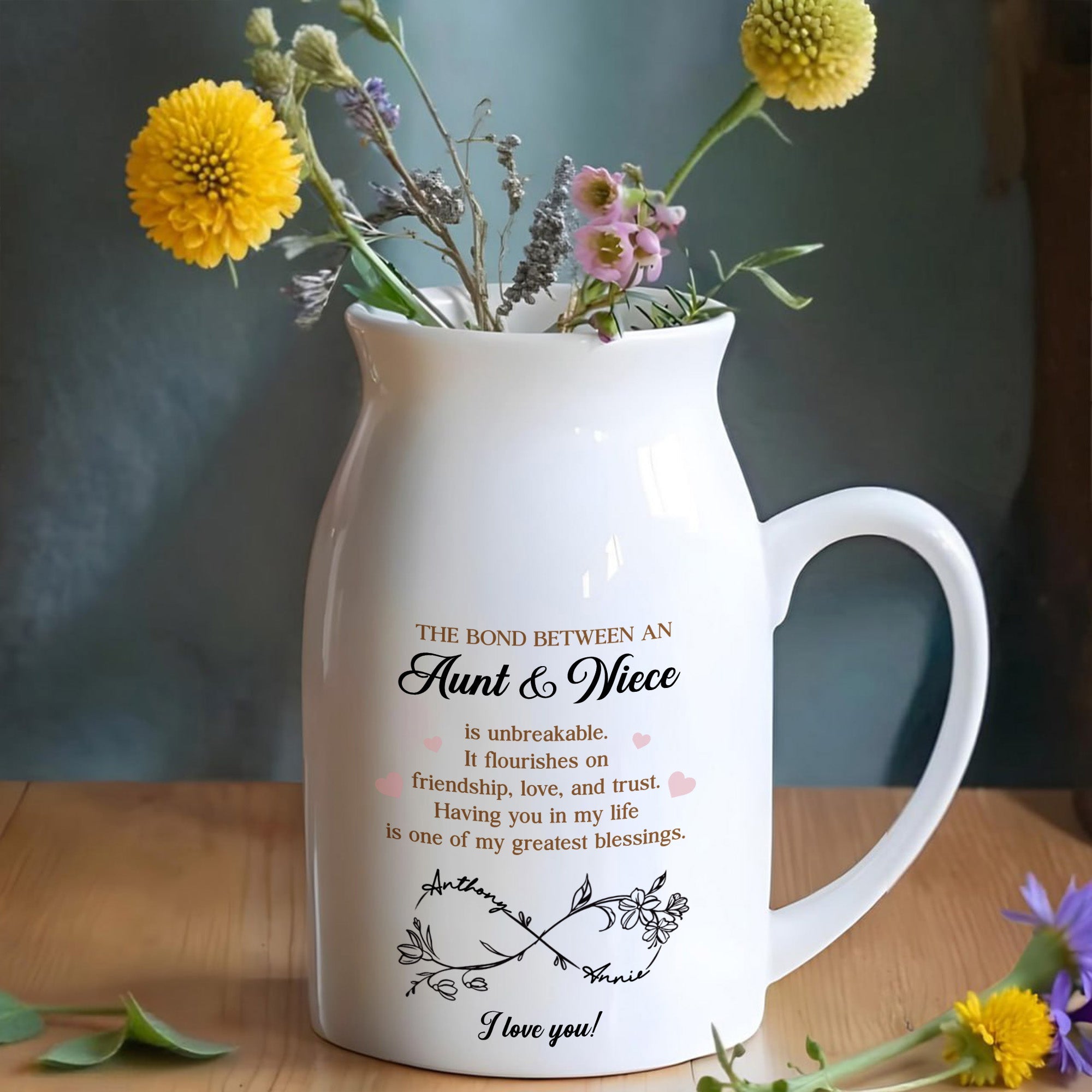 The Bond Between An Aunt & Niece, Hearts And Floral Designs - Personalized Ceramic Flower Vase