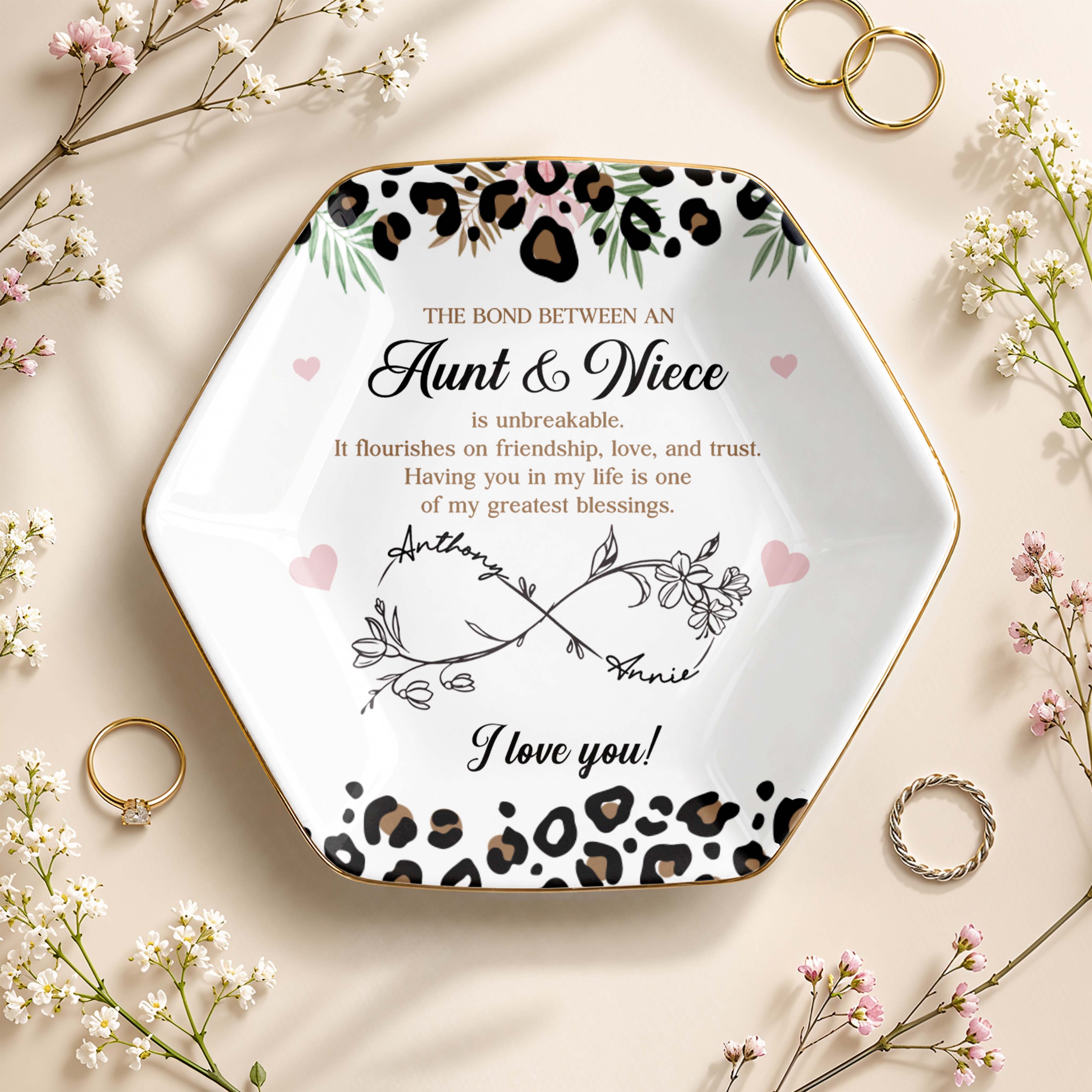 The Bond Between An Aunt And Niece Leopard Print And Flowers - Personalized Custom Jewelry Dish, Ceramic Dish, Hexagonal Shape - NCE014_HECRD