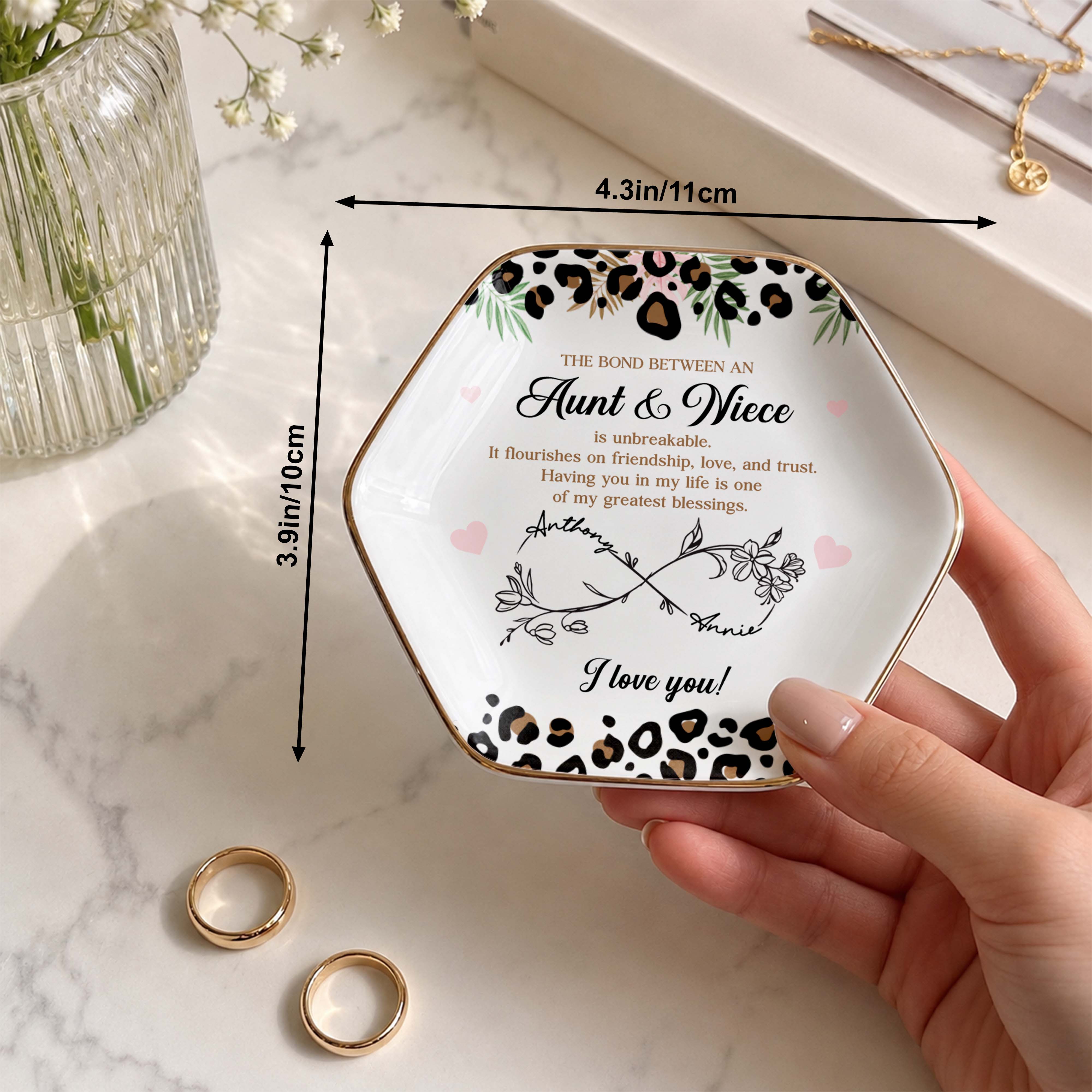 The Bond Between An Aunt And Niece Leopard Print And Flowers - Personalized Custom Jewelry Dish, Ceramic Dish, Hexagonal Shape - NCE014_HECRD
