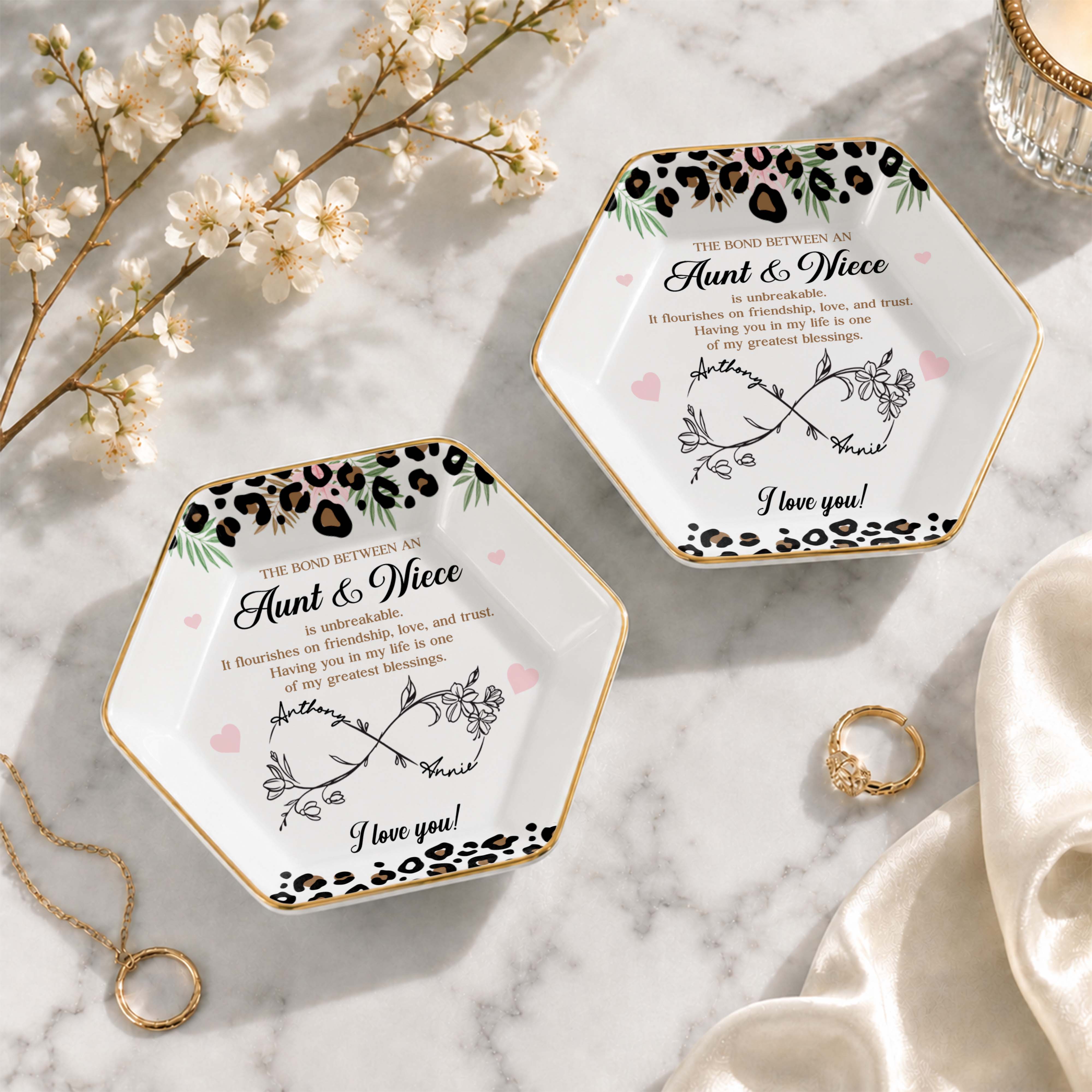 The Bond Between An Aunt And Niece Leopard Print And Flowers - Personalized Custom Jewelry Dish, Ceramic Dish, Hexagonal Shape - NCE014_HECRD