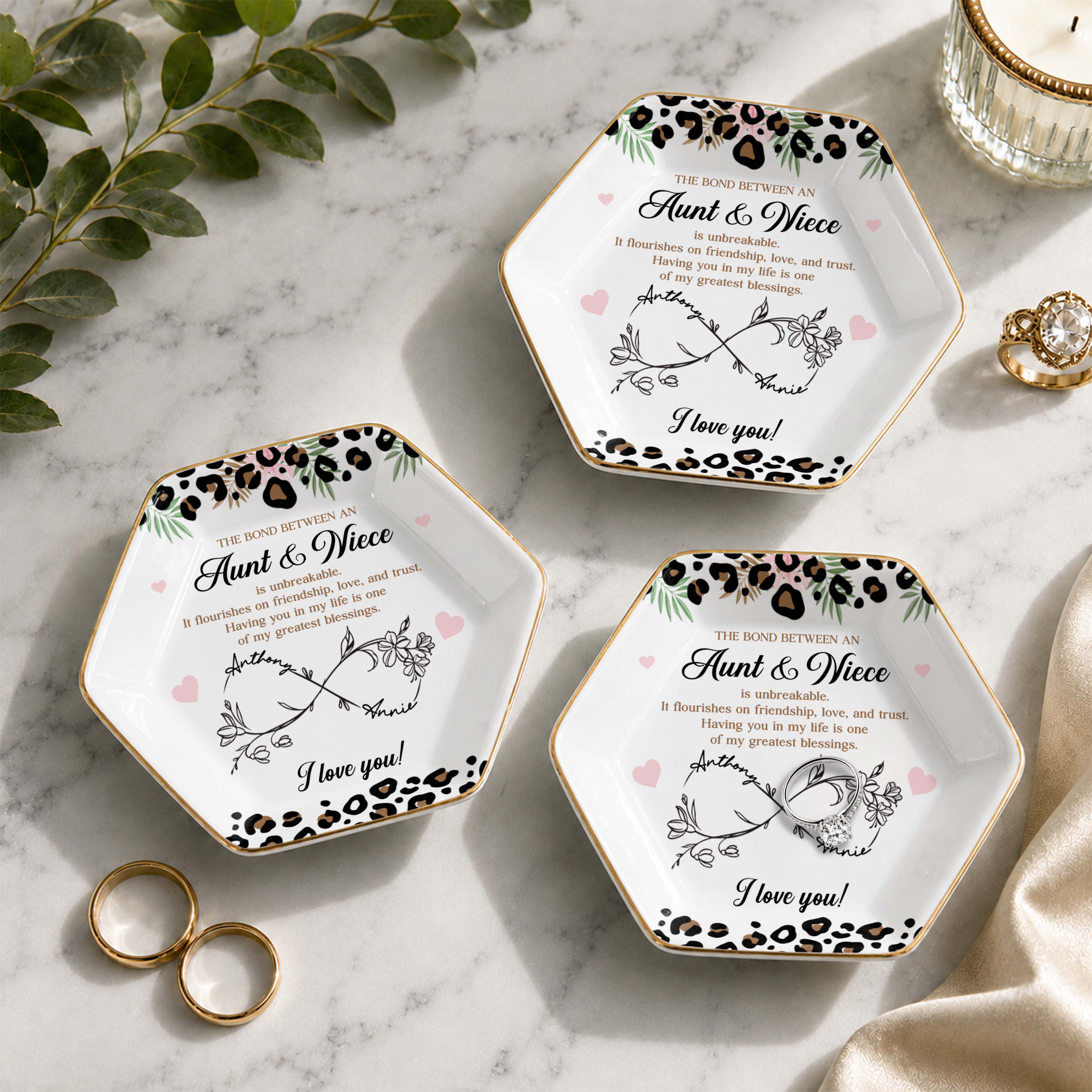 The Bond Between An Aunt And Niece Leopard Print And Flowers - Personalized Custom Jewelry Dish, Ceramic Dish, Hexagonal Shape - NCE014_HECRD