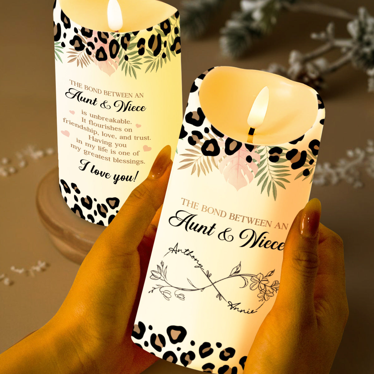 The Bond Between An Aunt & Niece, Flowers And Leopard Print - Personalized Custom LED Candle - NCE014_LECA