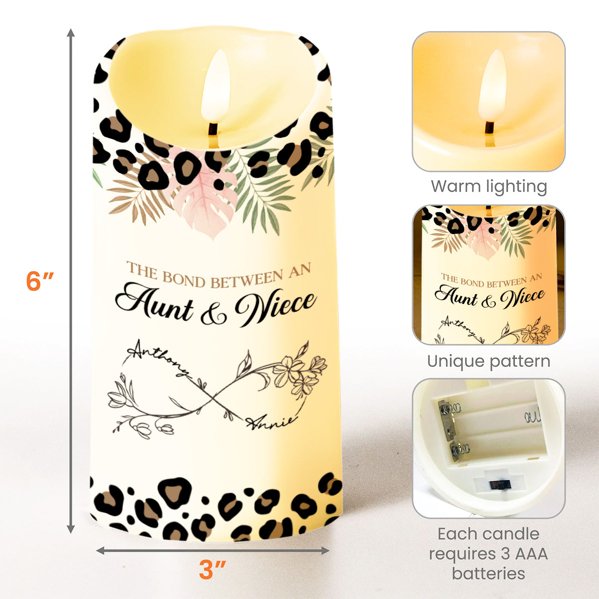 The Bond Between An Aunt & Niece, Flowers And Leopard Print - Personalized Custom LED Candle - NCE014_LECA