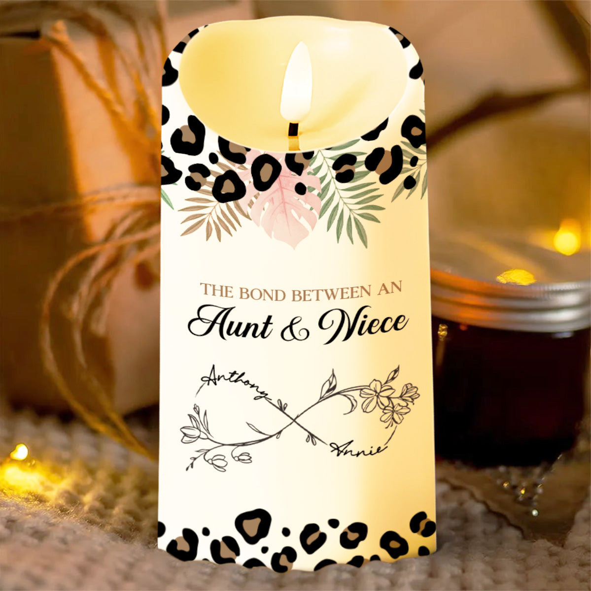 The Bond Between An Aunt & Niece, Flowers And Leopard Print - Personalized Custom LED Candle - NCE014_LECA