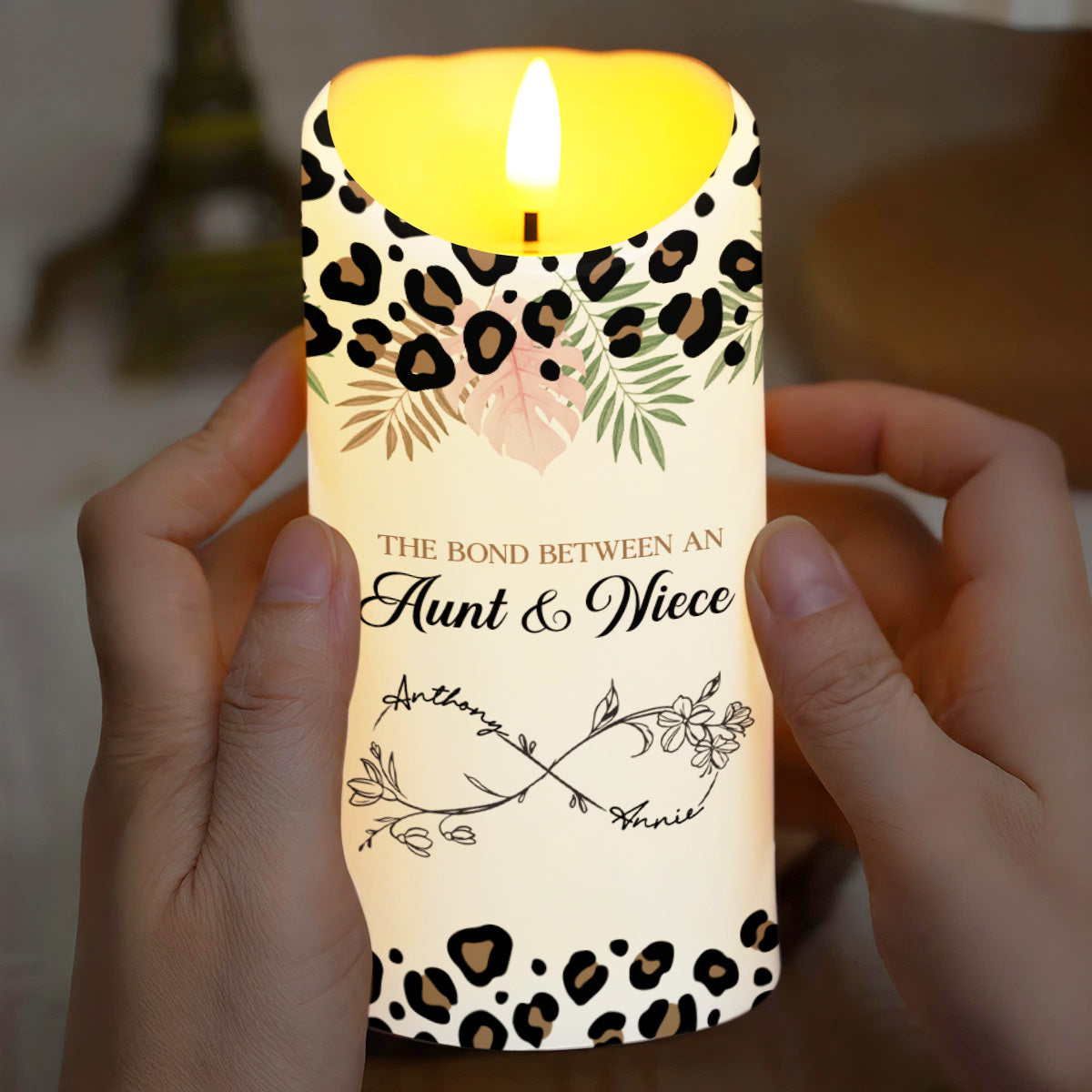 The Bond Between An Aunt & Niece, Flowers And Leopard Print - Personalized Custom LED Candle - NCE014_LECA
