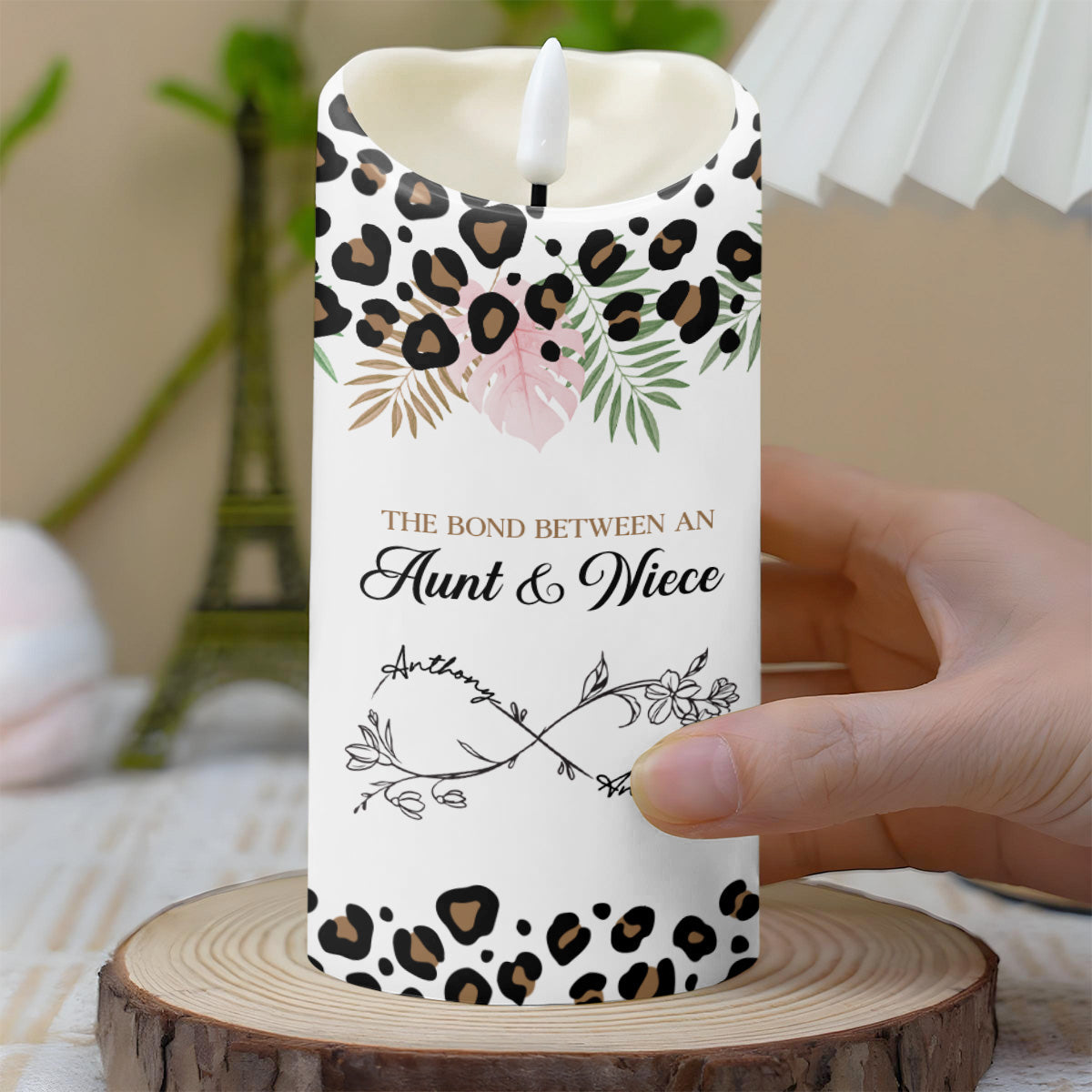 The Bond Between An Aunt & Niece, Flowers And Leopard Print - Personalized Custom LED Candle - NCE014_LECA