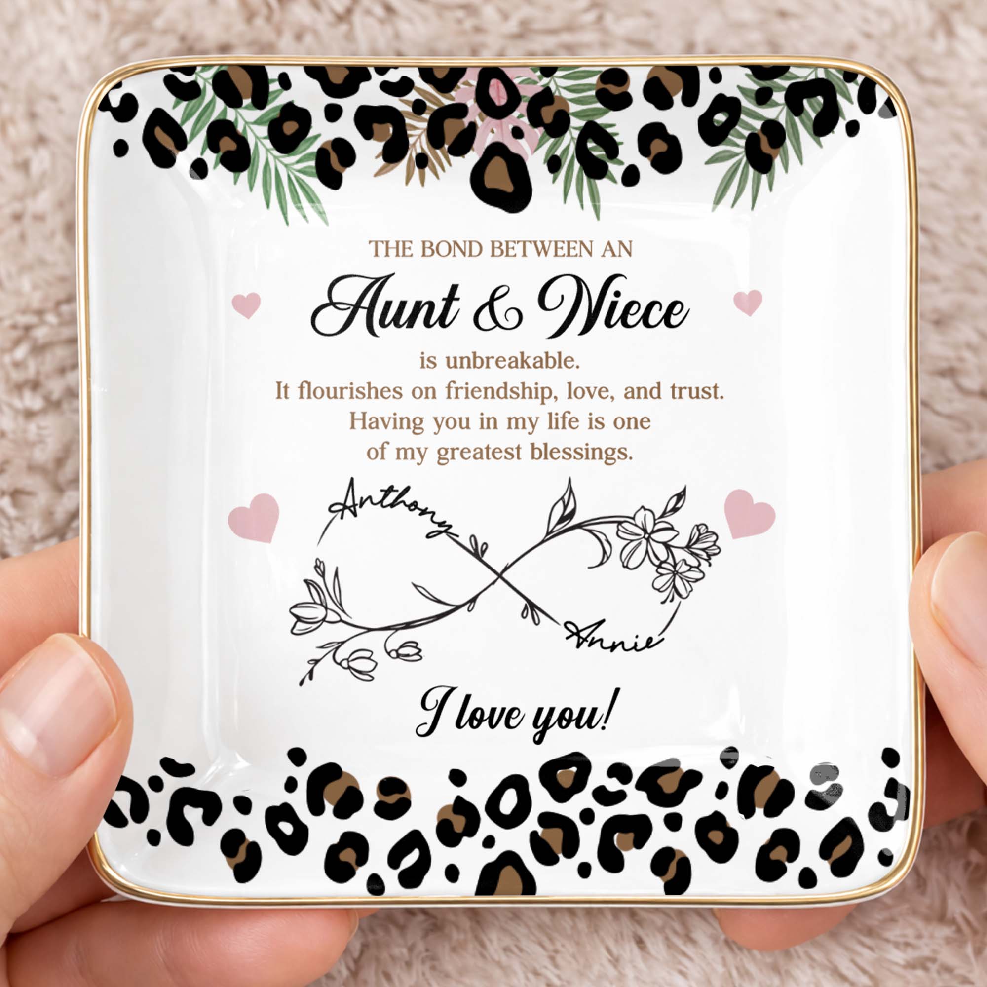 The Bond Between An Aunt And Niece Unbreakable Leopard Flower - Personalized Custom Jewelry Dish, Ceramic Dish, Square Shape - NCE014_SCRF