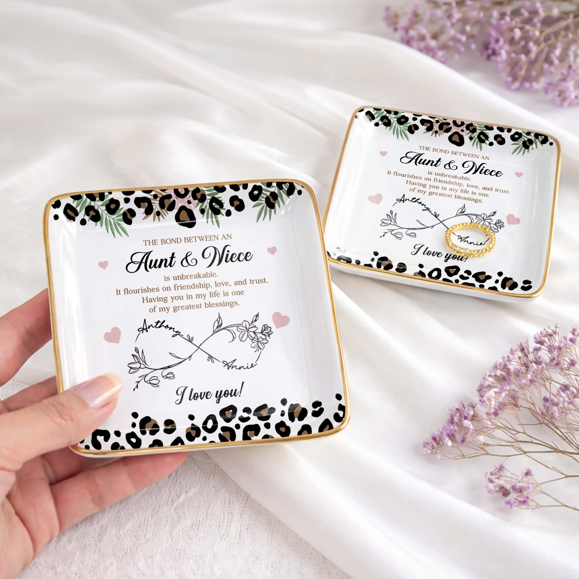 The Bond Between An Aunt And Niece Unbreakable Leopard Flower - Personalized Custom Jewelry Dish, Ceramic Dish, Square Shape - NCE014_SCRF