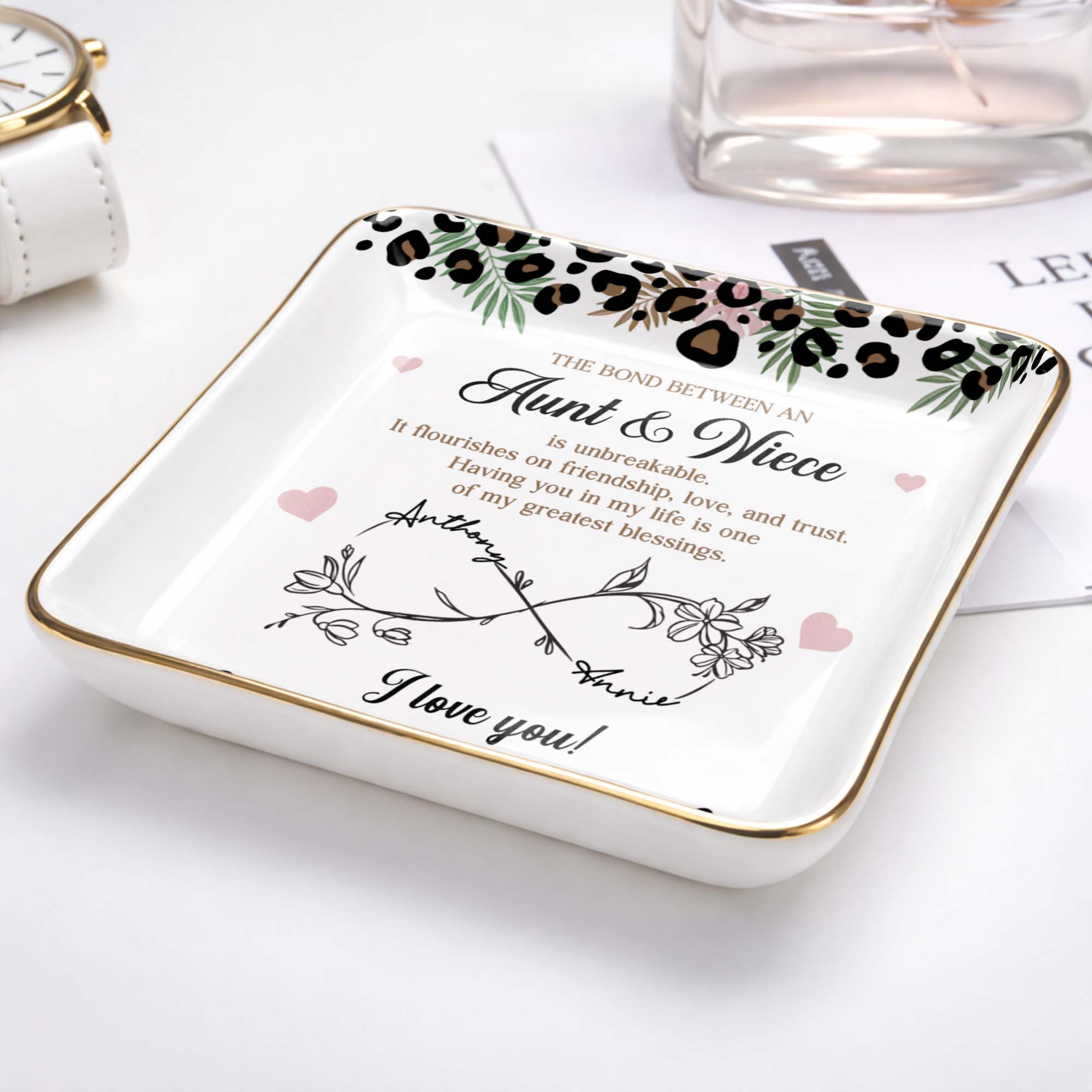 The Bond Between An Aunt And Niece Unbreakable Leopard Flower - Personalized Custom Jewelry Dish, Ceramic Dish, Square Shape - NCE014_SCRF