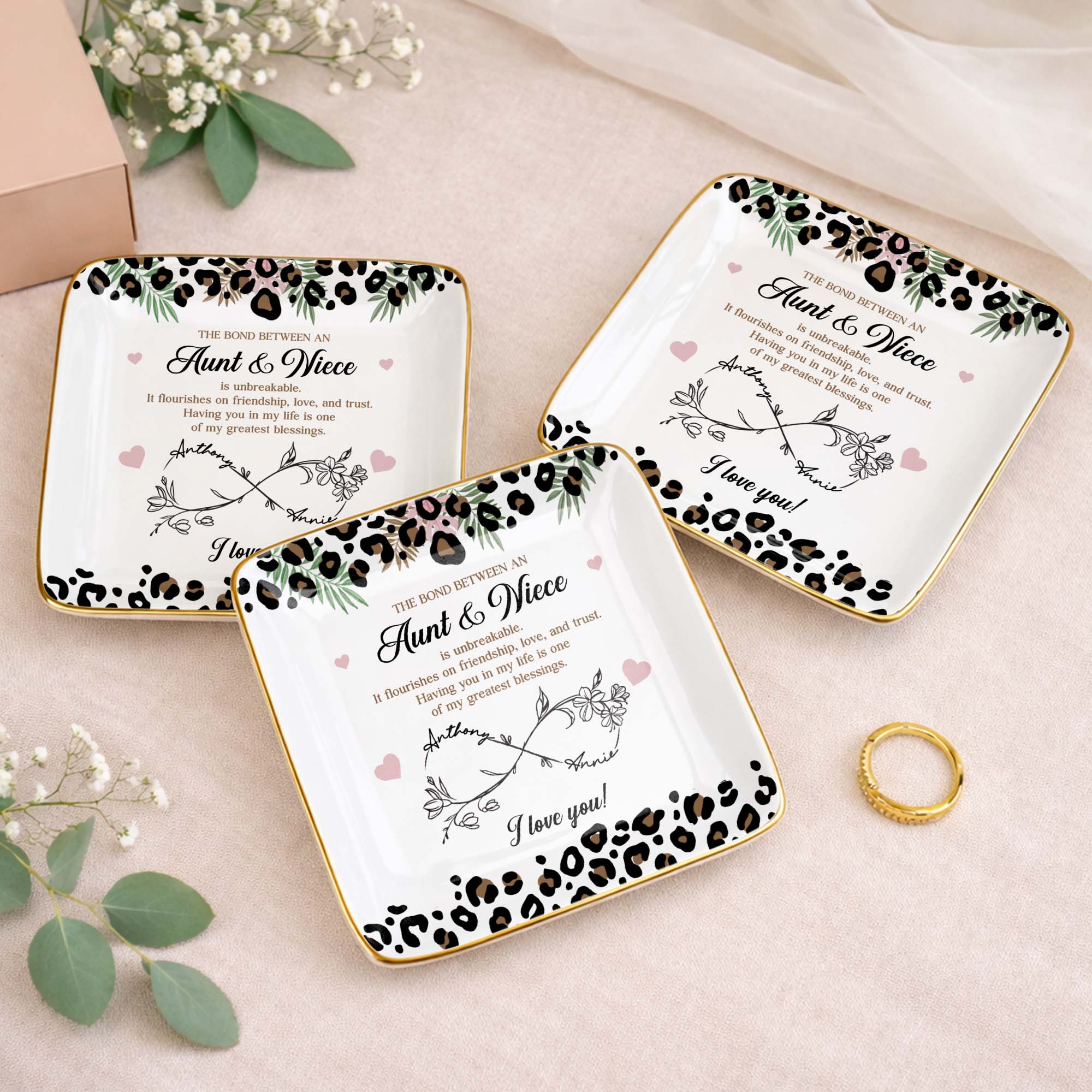 The Bond Between An Aunt And Niece Unbreakable Leopard Flower - Personalized Custom Jewelry Dish, Ceramic Dish, Square Shape - NCE014_SCRF