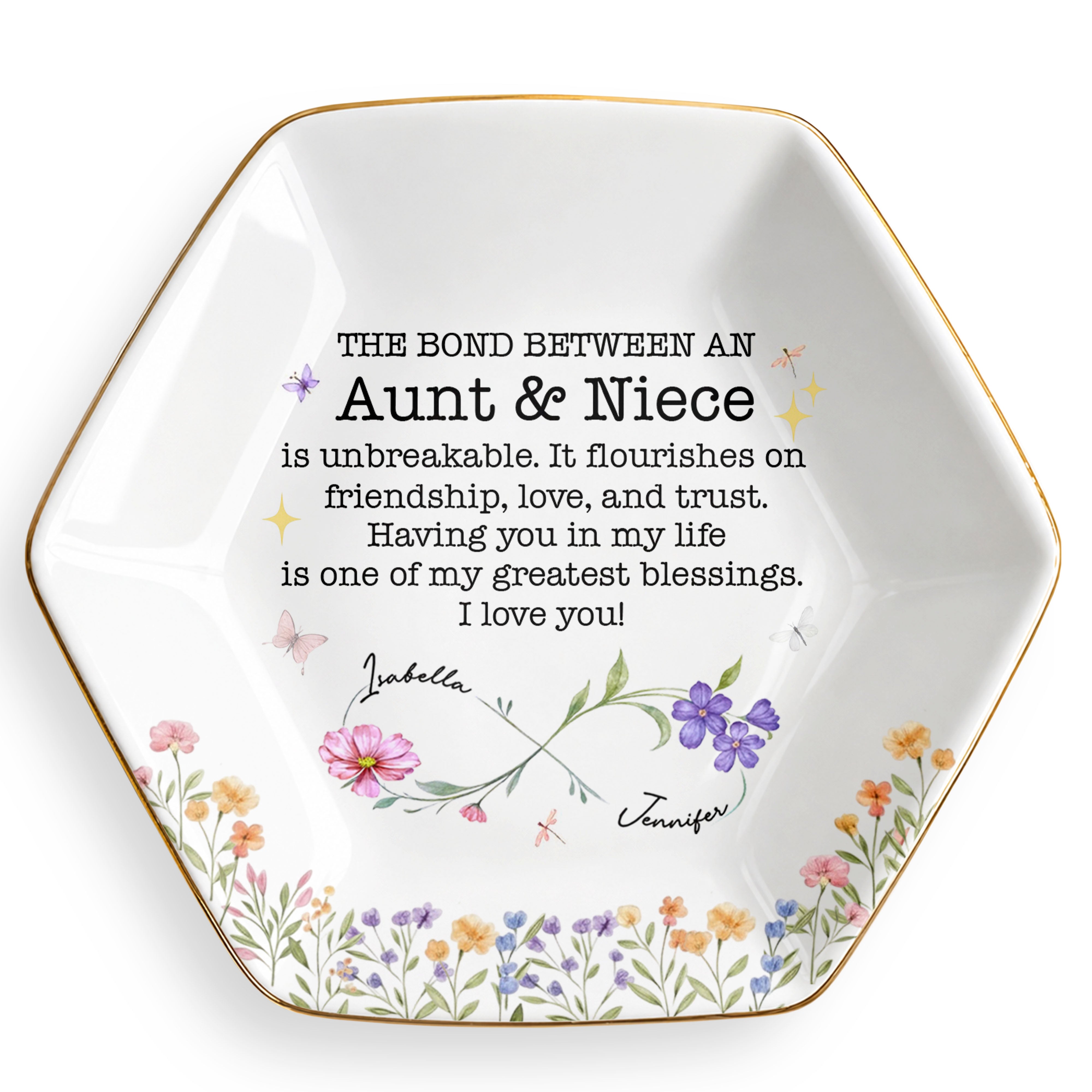 The Bond Between An Aunt And Niece With Birth Month Flowers - Personalized Custom Jewelry Dish, Ceramic Dish, Hexagonal Shape - NCE022_HECRD