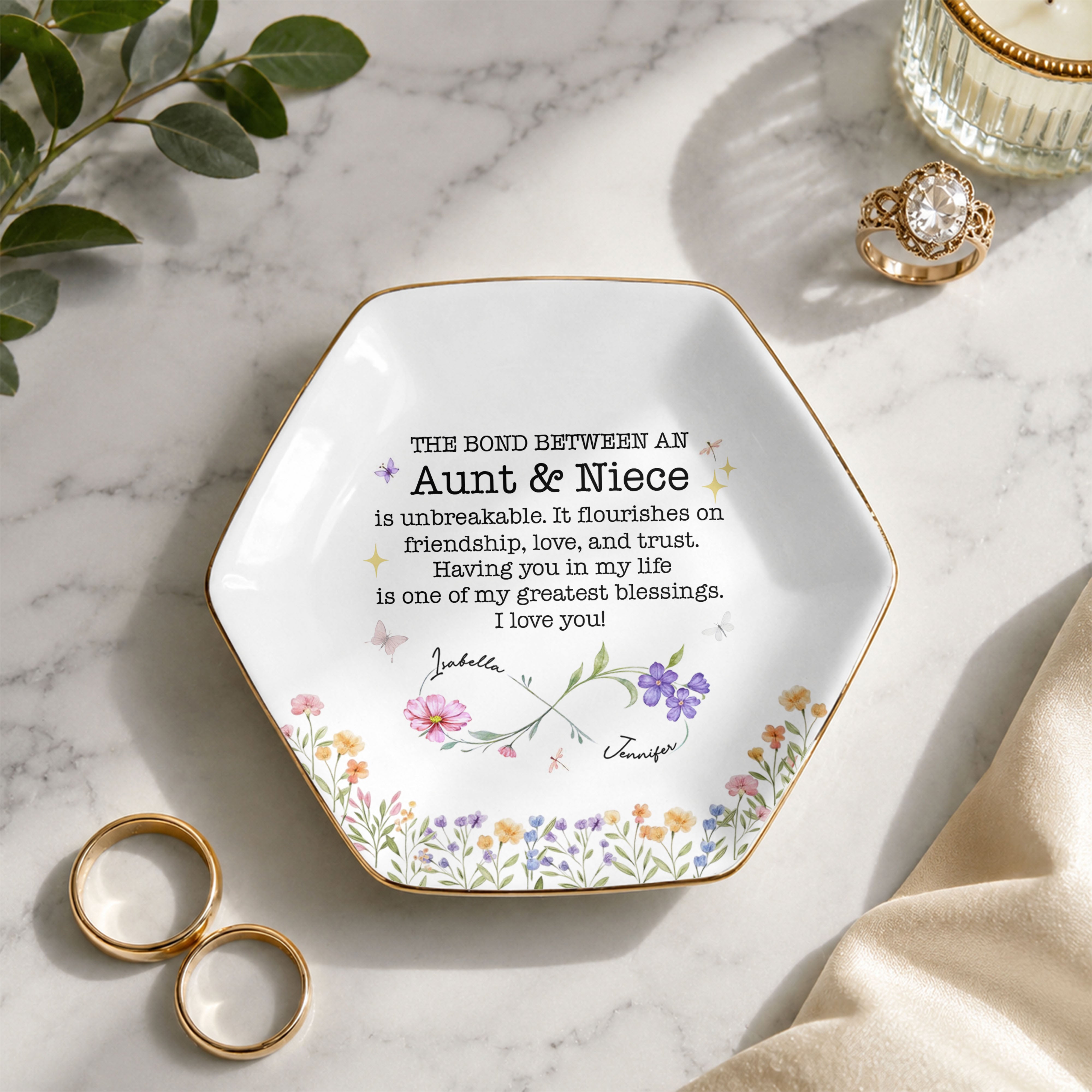 The Bond Between An Aunt And Niece With Birth Month Flowers - Personalized Custom Jewelry Dish, Ceramic Dish, Hexagonal Shape - NCE022_HECRD