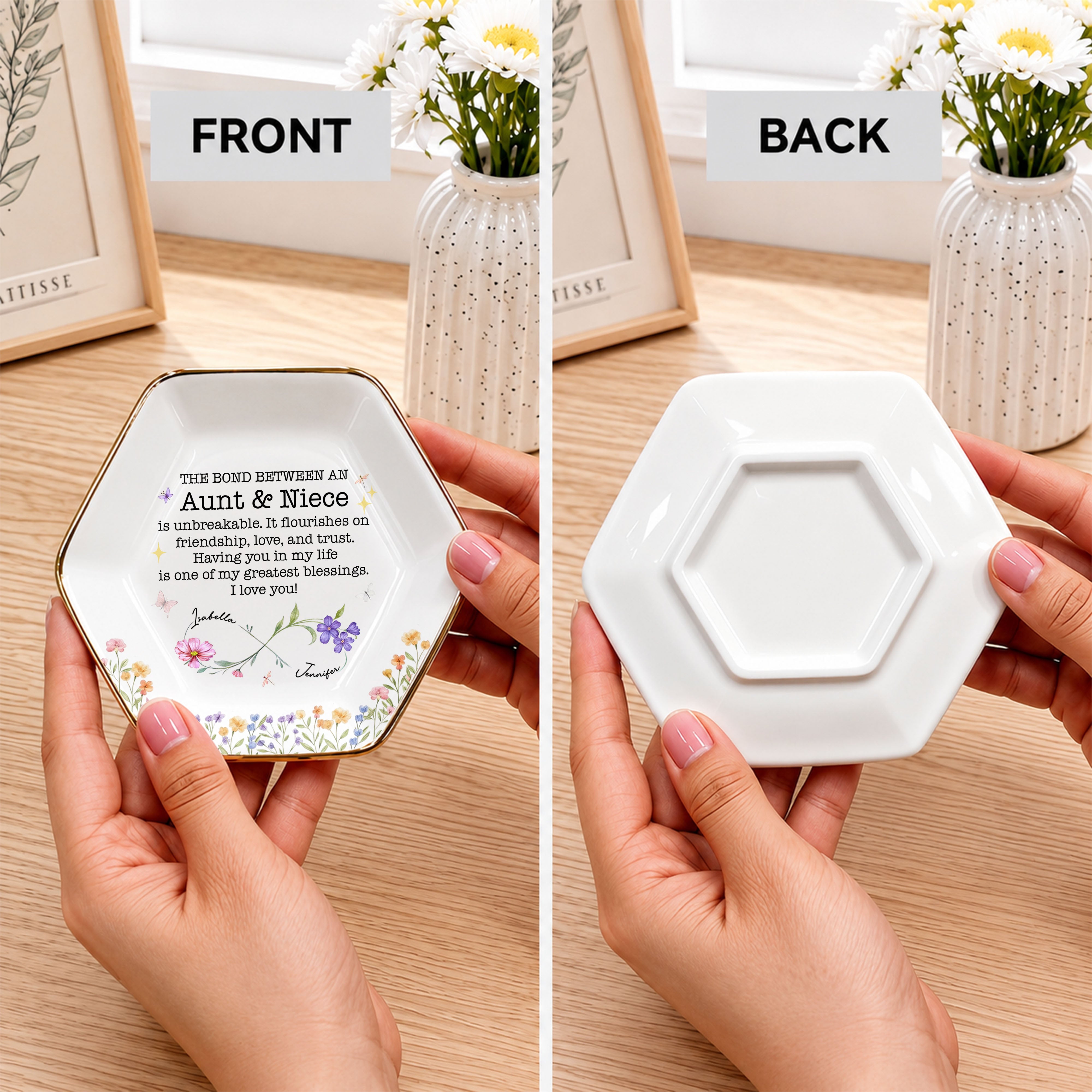 The Bond Between An Aunt And Niece With Birth Month Flowers - Personalized Custom Jewelry Dish, Ceramic Dish, Hexagonal Shape - NCE022_HECRD
