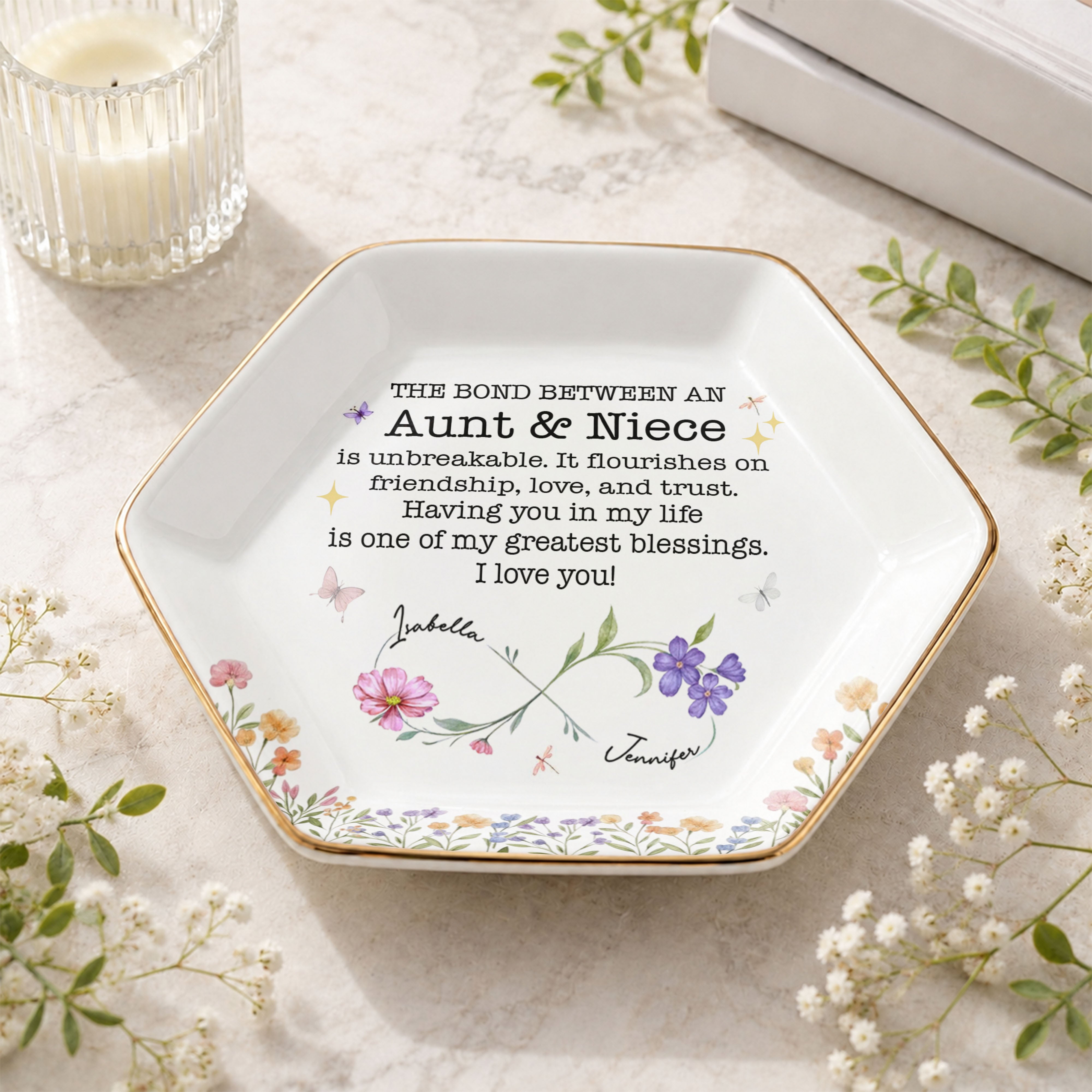 The Bond Between An Aunt And Niece With Birth Month Flowers - Personalized Custom Jewelry Dish, Ceramic Dish, Hexagonal Shape - NCE022_HECRD
