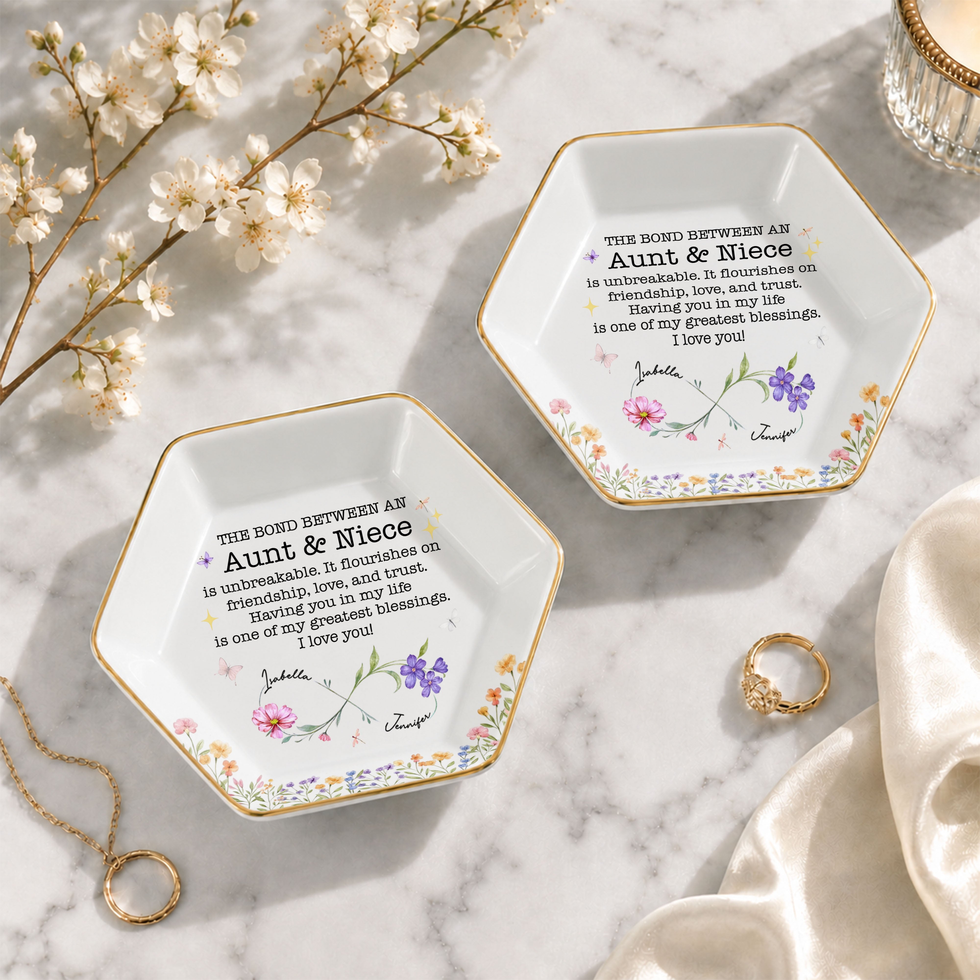 The Bond Between An Aunt And Niece With Birth Month Flowers - Personalized Custom Jewelry Dish, Ceramic Dish, Hexagonal Shape - NCE022_HECRD