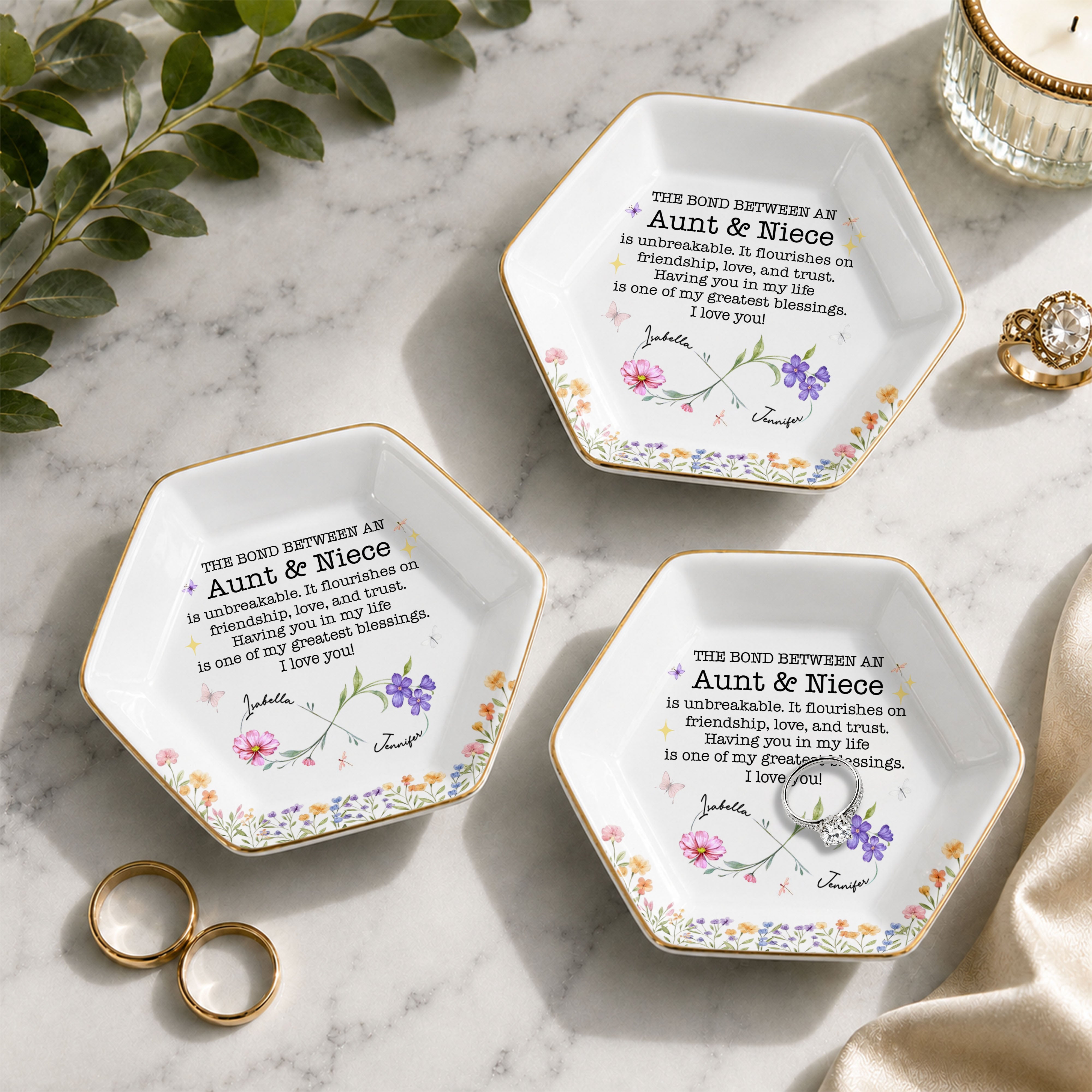 The Bond Between An Aunt And Niece With Birth Month Flowers - Personalized Custom Jewelry Dish, Ceramic Dish, Hexagonal Shape - NCE022_HECRD